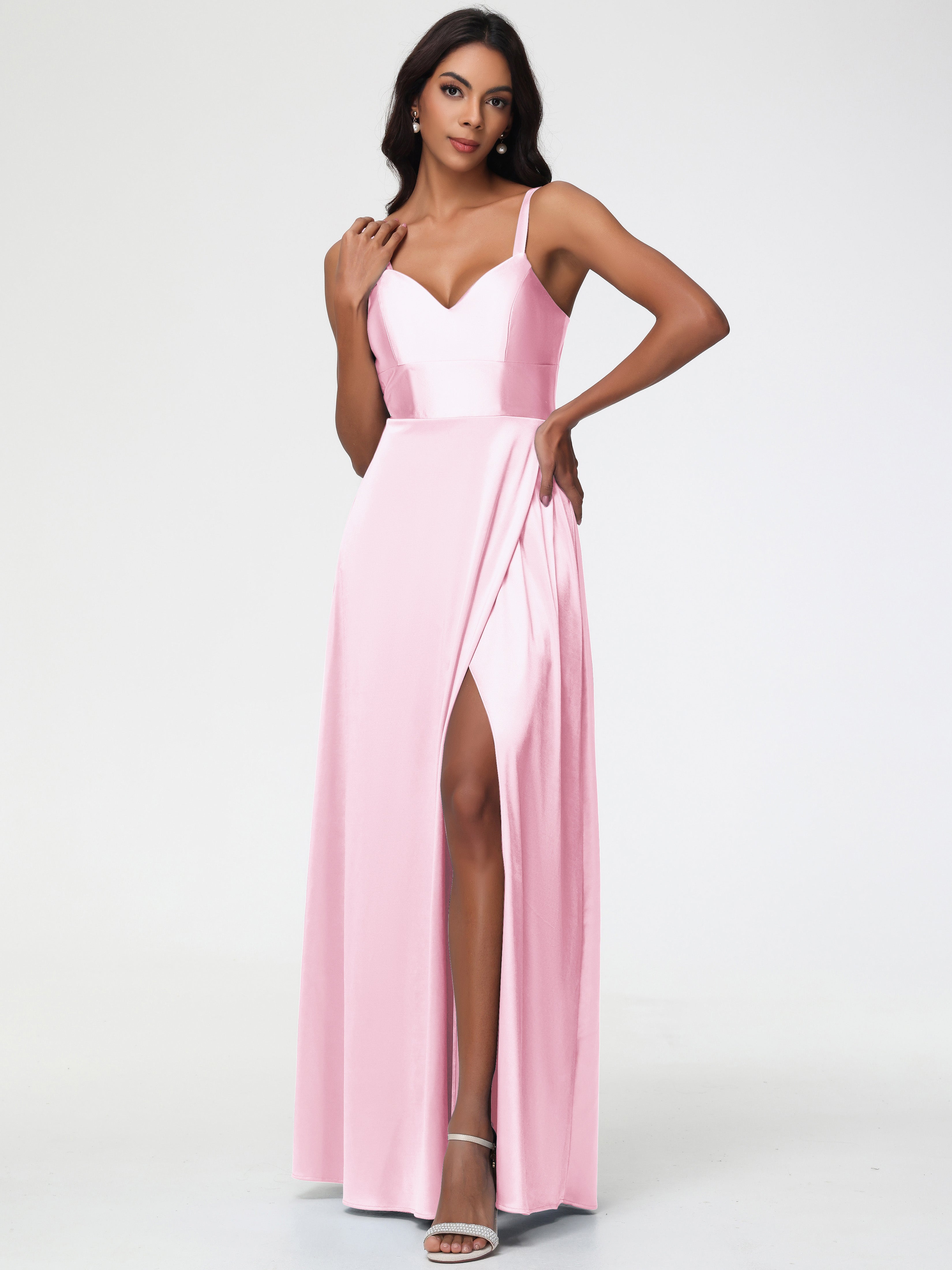 Pink Blush Formal Dresses A-Line V-Neck Straps Long Stretch Satin Form Pink Blush Formal Dresses A-Line V-Neck Straps Long Stretch Satin Form