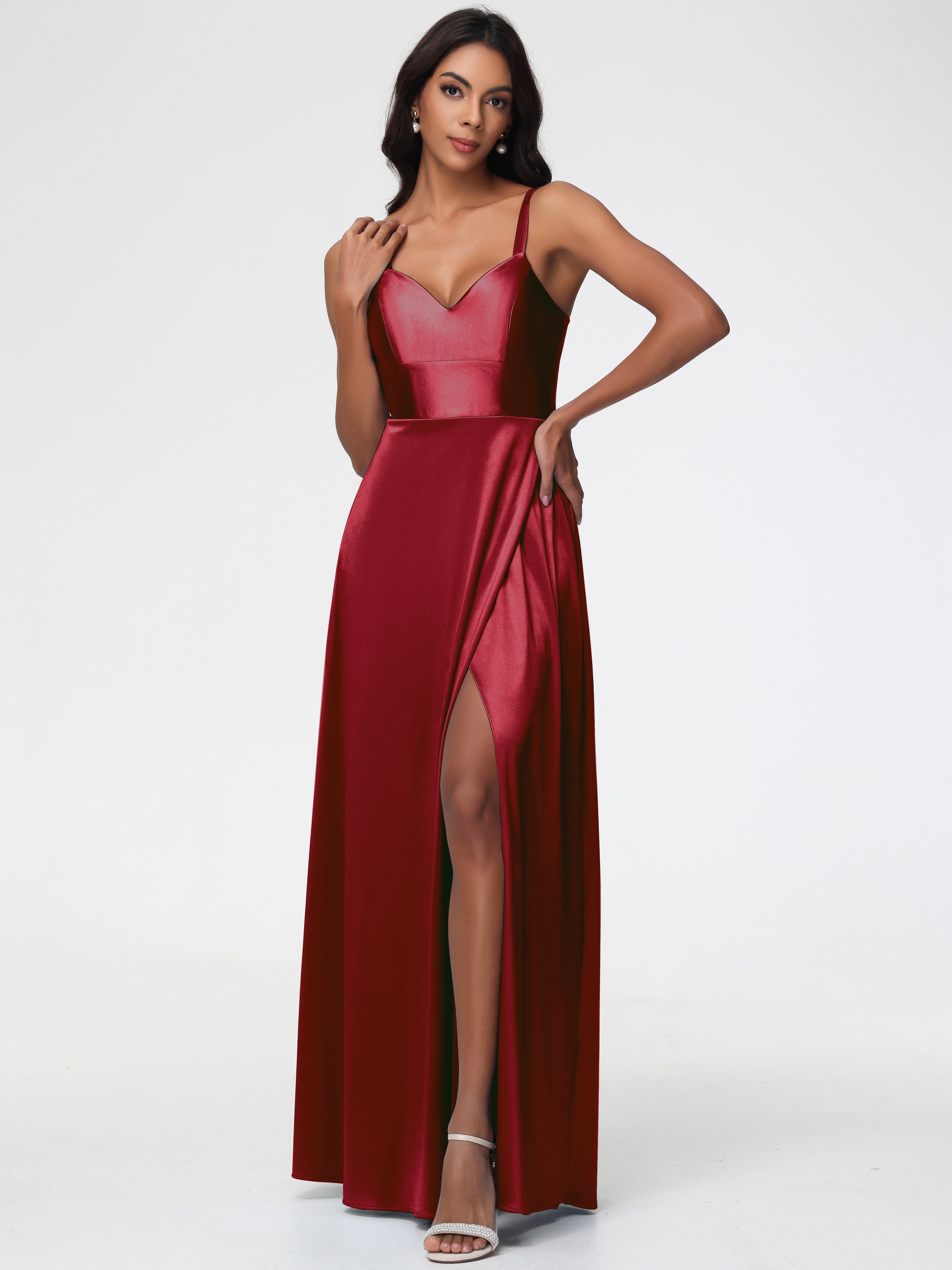 Burgundy Satin Bridesmaid Dresses A-Line V-Neck Straps Long Stretch Sa Burgundy Satin Bridesmaid Dresses A-Line V-Neck Straps Long Stretch Sa