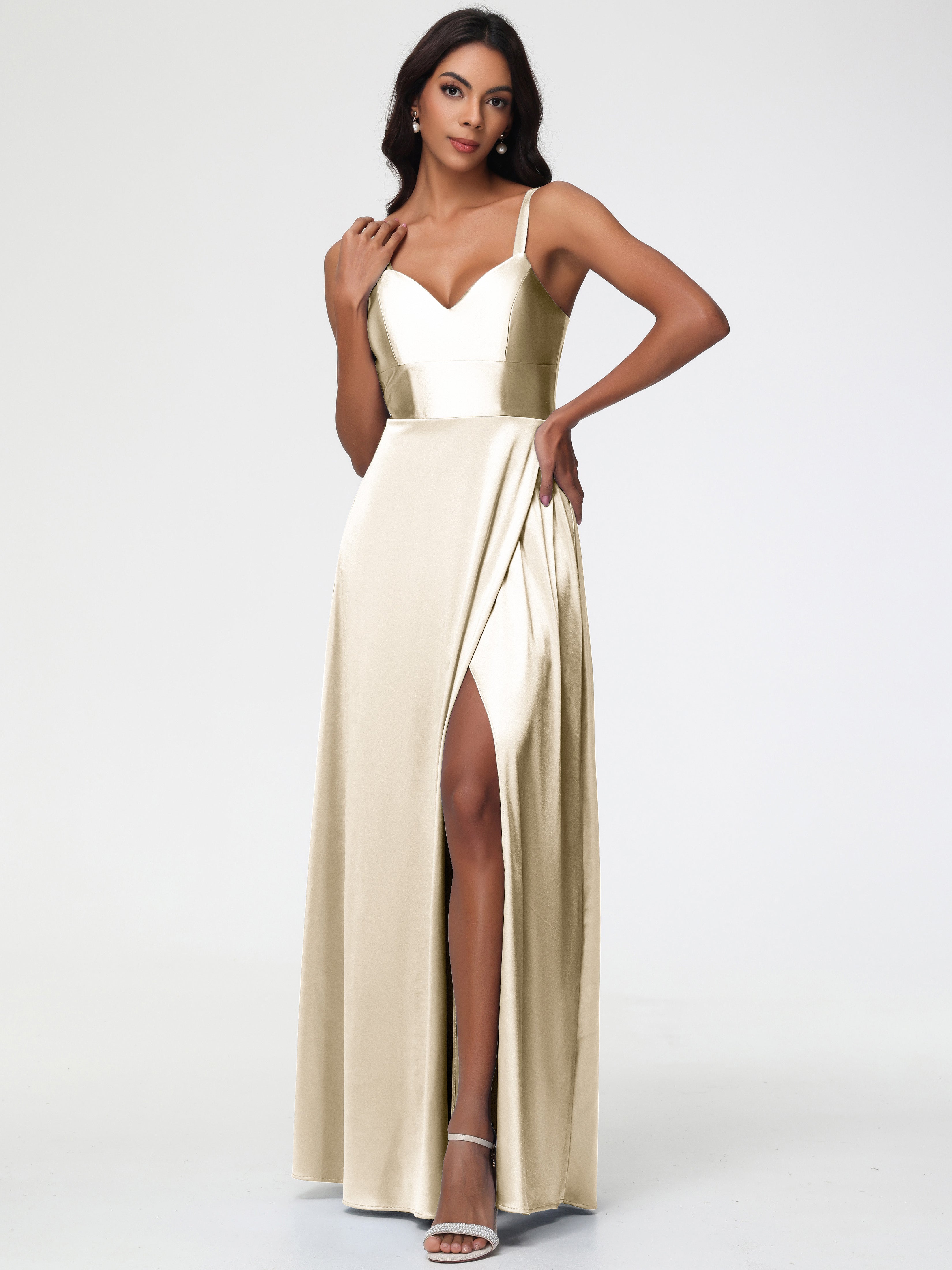 Formal Dresses Champagne A-Line V-Neck Straps Long Stretch Satin Formal Dresses With Split Formal Dresses Champagne A-Line V-Neck Straps Long Stretch Satin Formal Dresses With Split