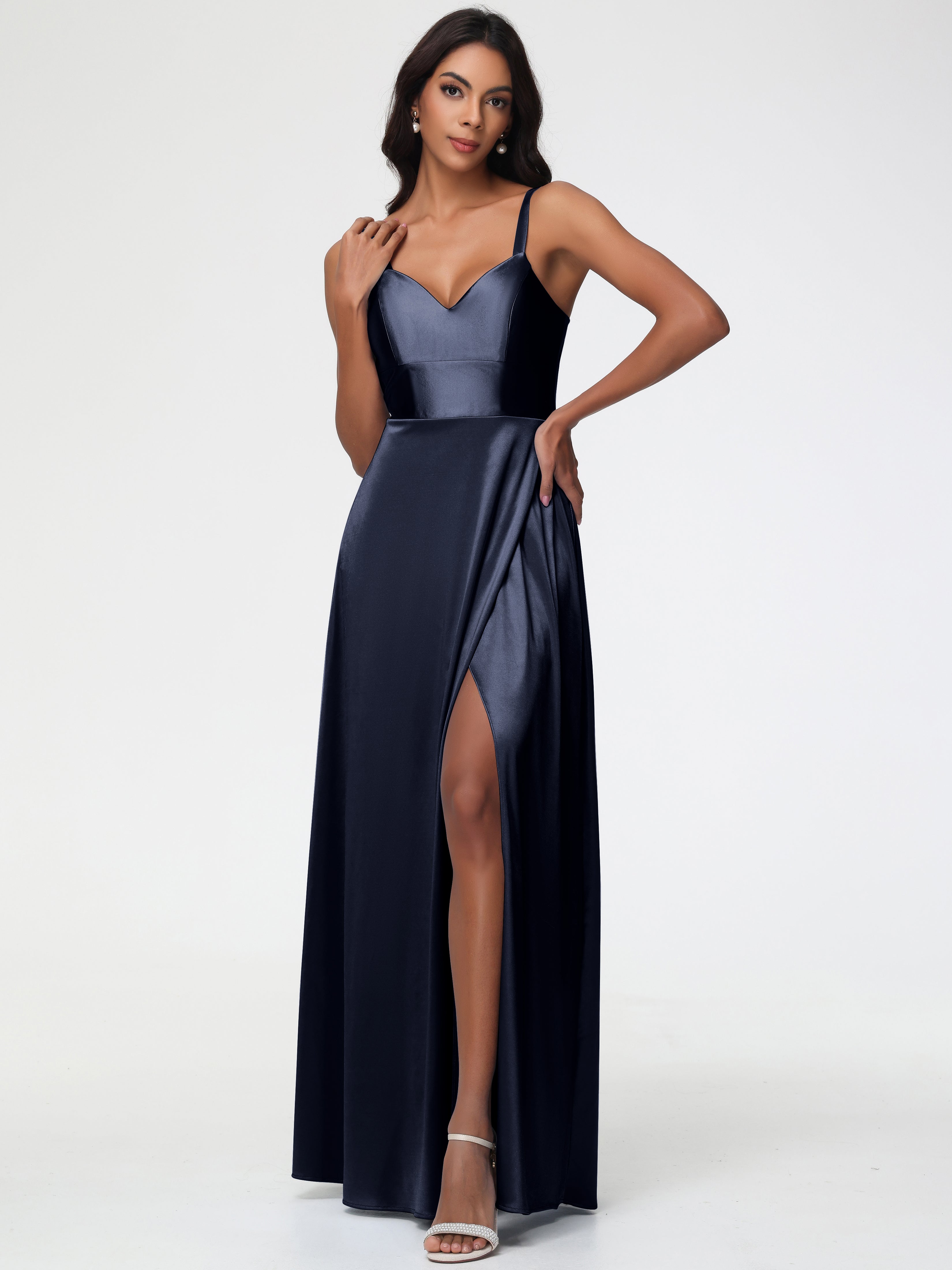 Dark Navy Formal Dresses A-Line V-Neck Straps Long Stretch Satin Forma