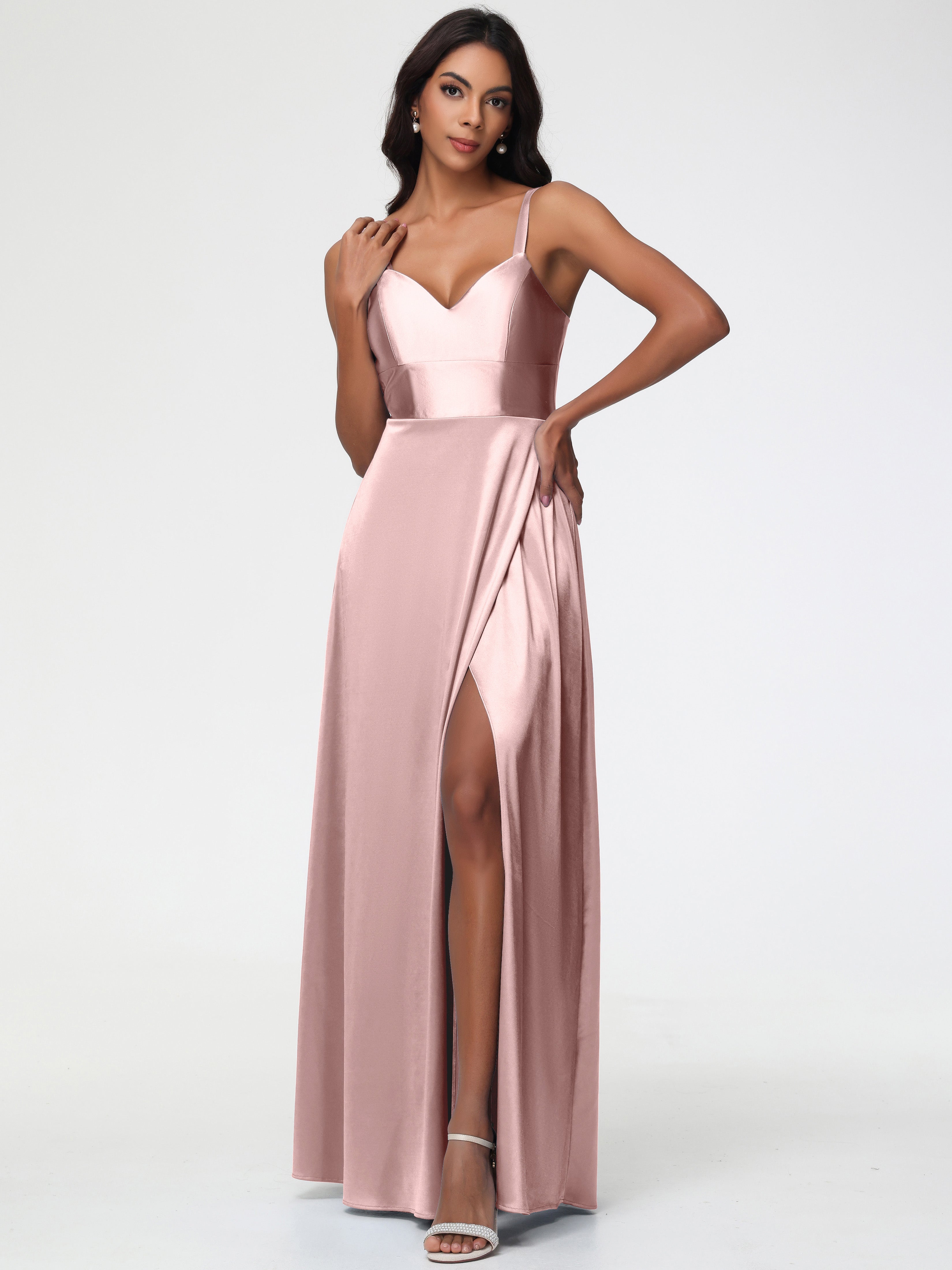 Dusty Rose Long Prom Dresses A-Line V-Neck Straps Long Stretch Satin Prom Dresses With Split Dusty Rose Long Prom Dresses A-Line V-Neck Straps Long Stretch Satin Prom Dresses With Split
