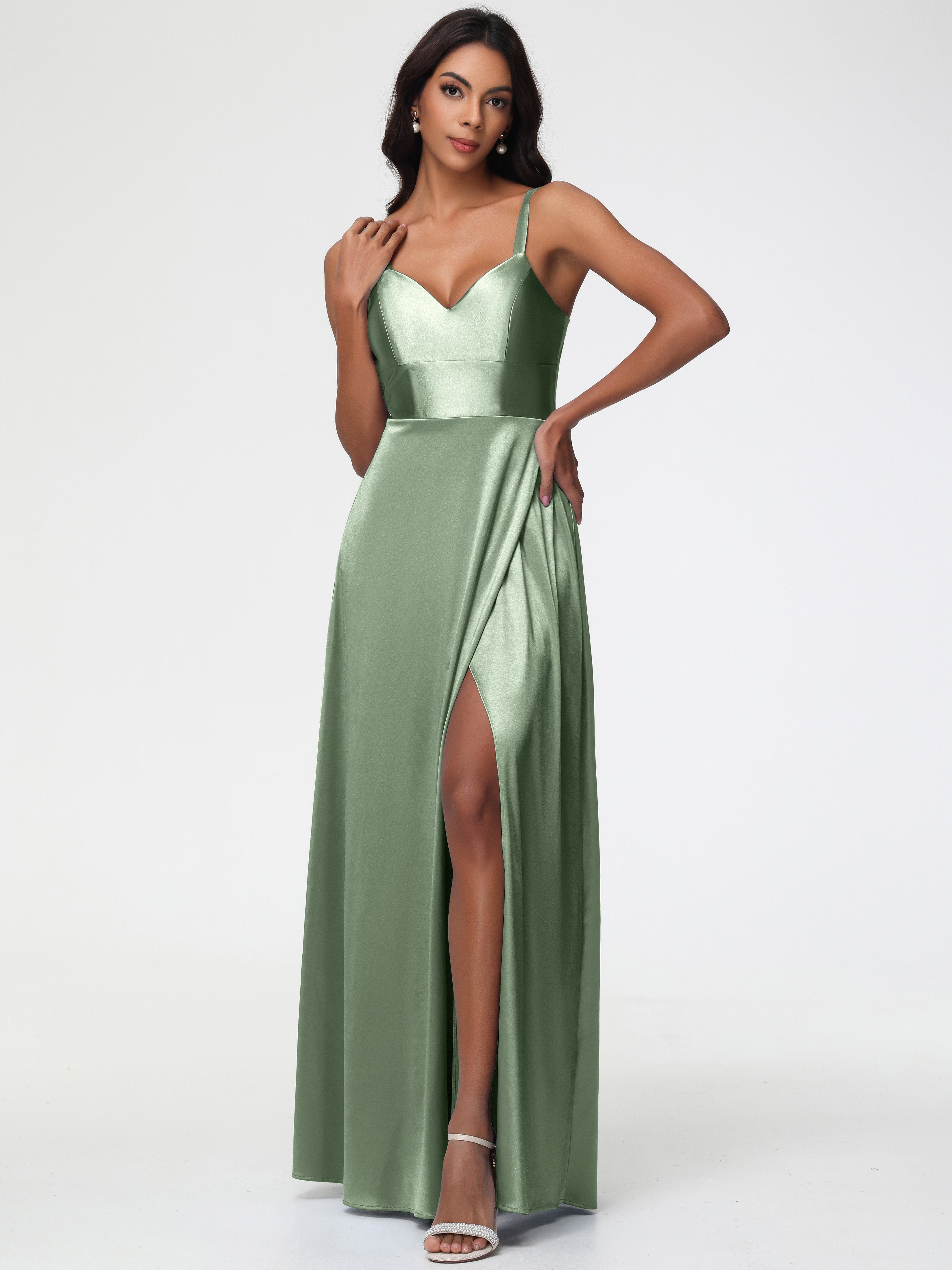 Dusty Sage Bridesmaid Dress A-Line V-Neck Straps Long Stretch Satin Br Dusty Sage Bridesmaid Dress A-Line V-Neck Straps Long Stretch Satin Br