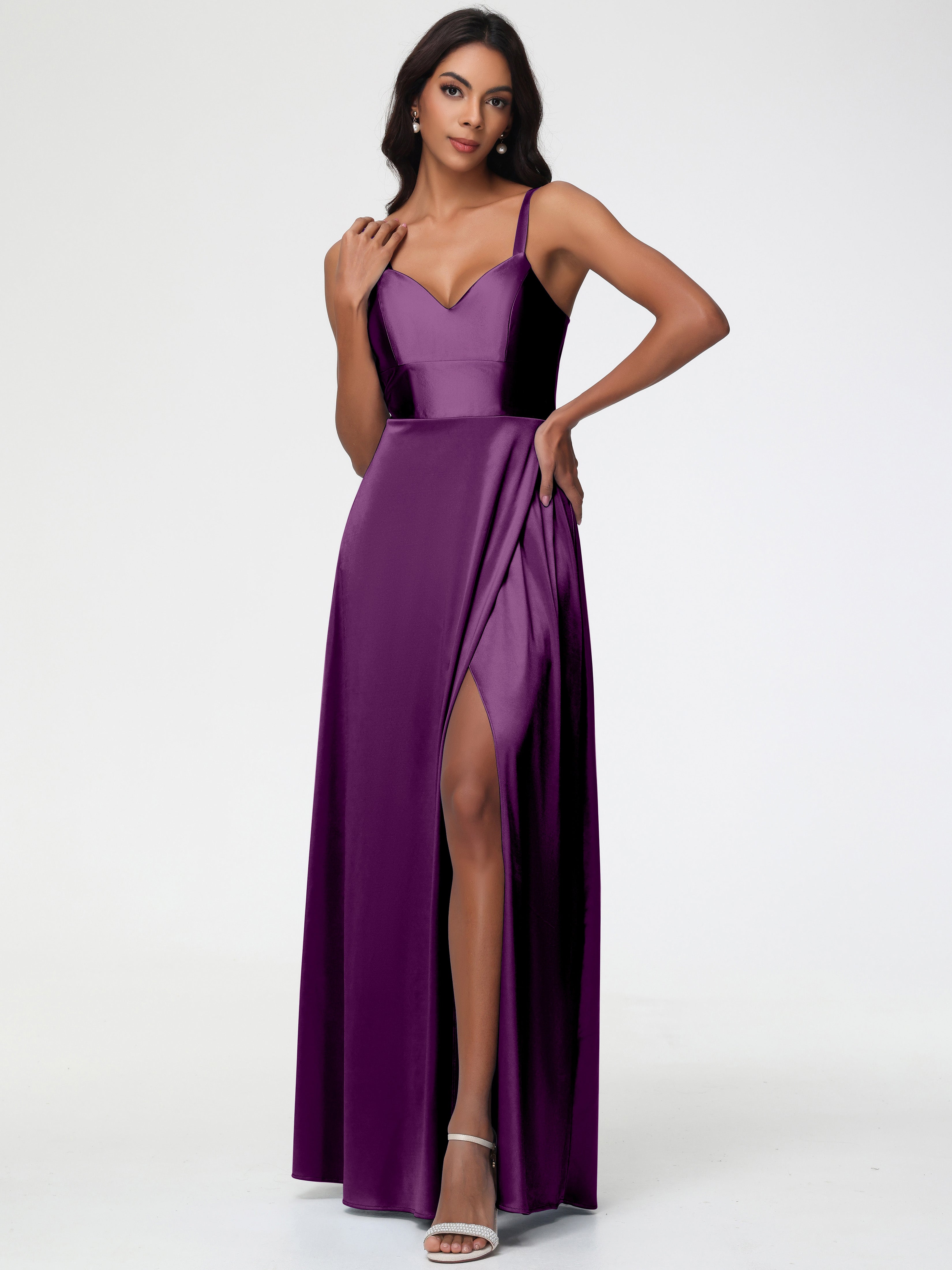 Grape Bridesmaids Dresses A-Line V-Neck Straps Long Stretch Satin Bridesmaid Dresses With Split Grape Bridesmaids Dresses A-Line V-Neck Straps Long Stretch Satin Bridesmaid Dresses With Split
