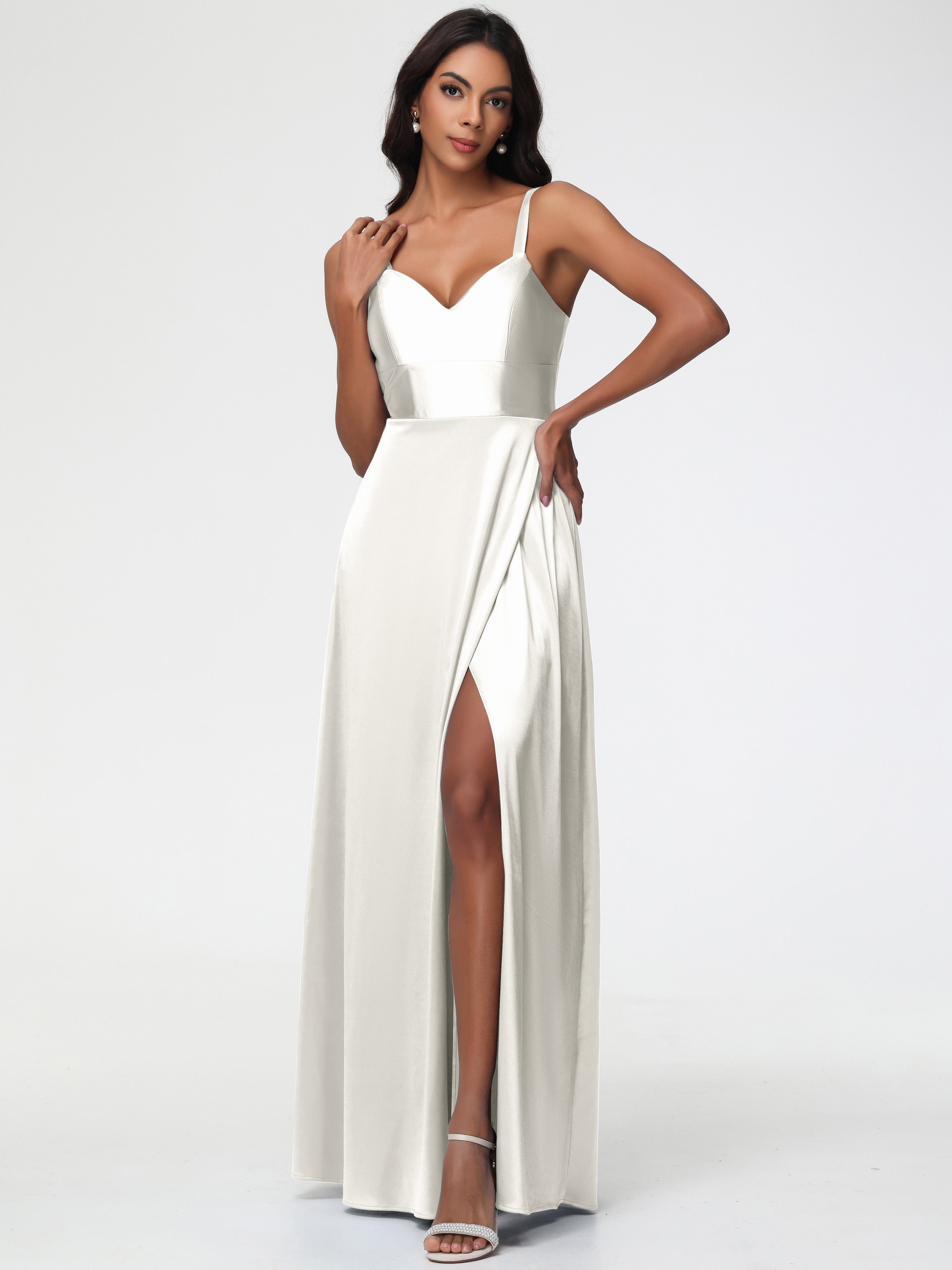 Prom Dress Ivory A-Line V-Neck Straps Long Stretch Satin Prom Dresses Prom Dress Ivory A-Line V-Neck Straps Long Stretch Satin Prom Dresses