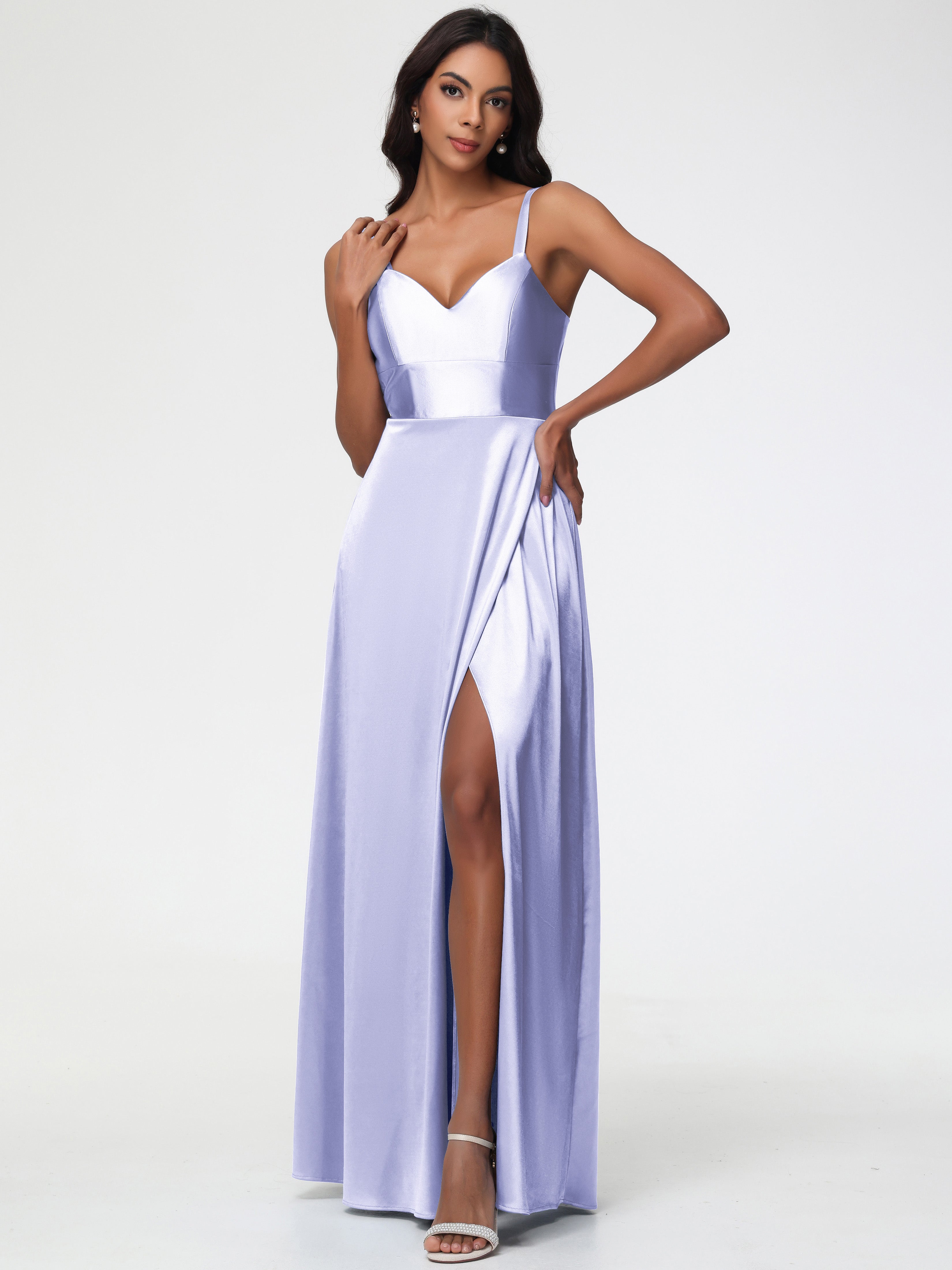 Lavender Lilac Bridesmaid Dresses A-Line V-Neck Straps Long Stretch Sa Lavender Lilac Bridesmaid Dresses A-Line V-Neck Straps Long Stretch Sa