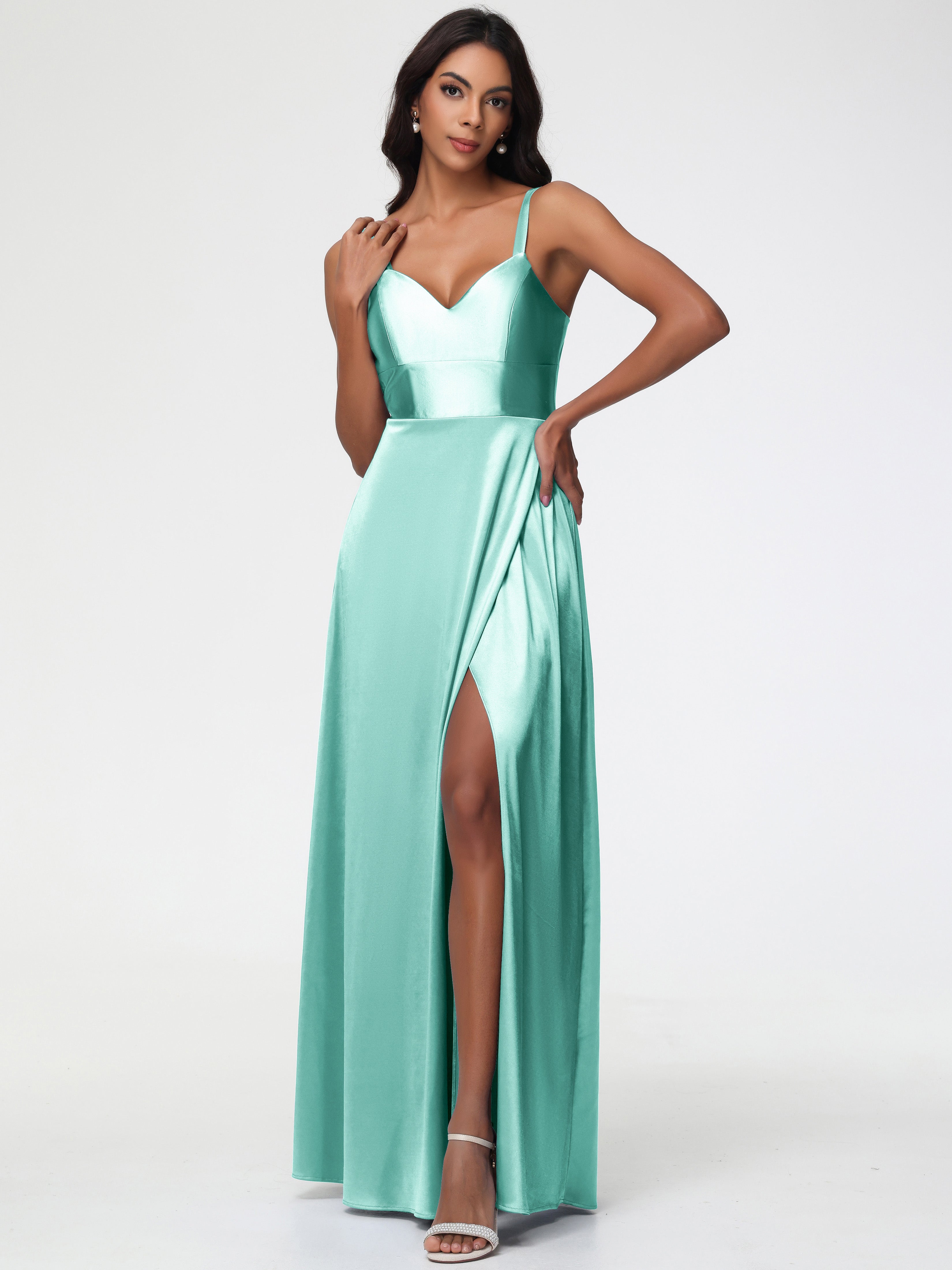 Long Mint Green Bridesmaid Dresses A-Line V-Neck Straps Long Stretch Satin Bridesmaid Dresses With Split Long Mint Green Bridesmaid Dresses A-Line V-Neck Straps Long Stretch Satin Bridesmaid Dresses With Split