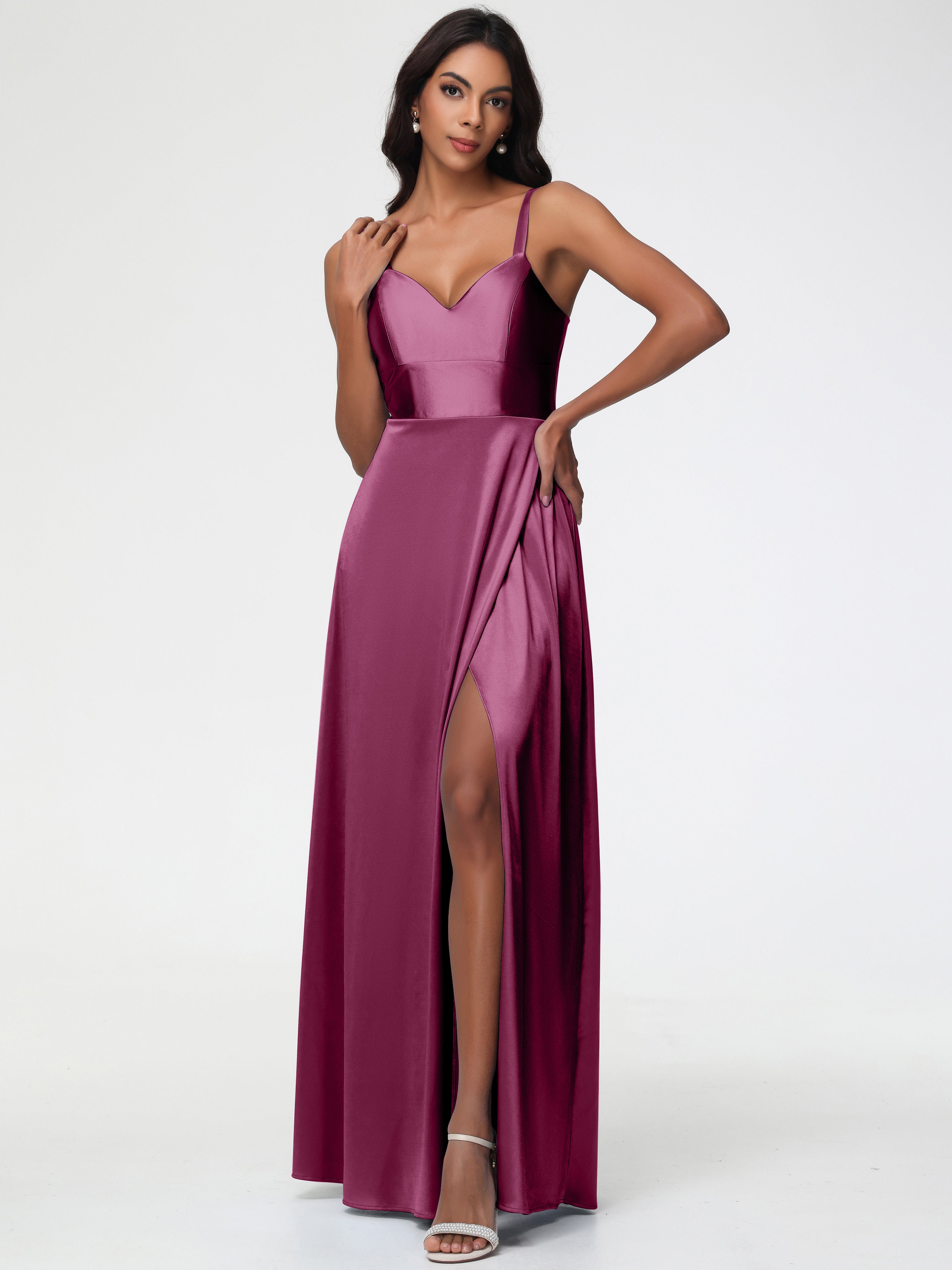 Mulberry Prom Dress A-Line V-Neck Straps Long Stretch Satin Prom Dresses With Split