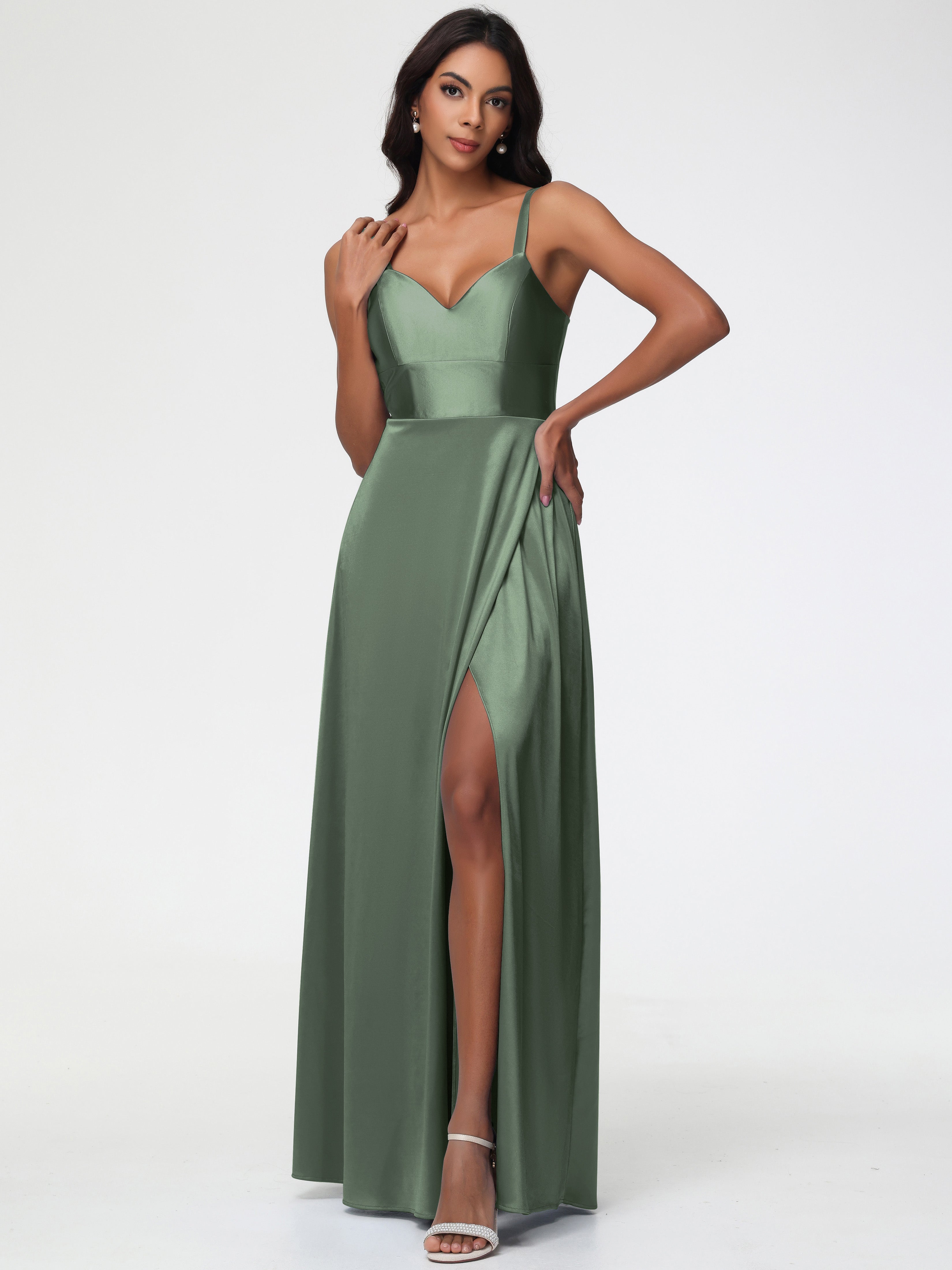 Olive Green Formal Dresses A-Line V-Neck Straps Long Stretch Satin For