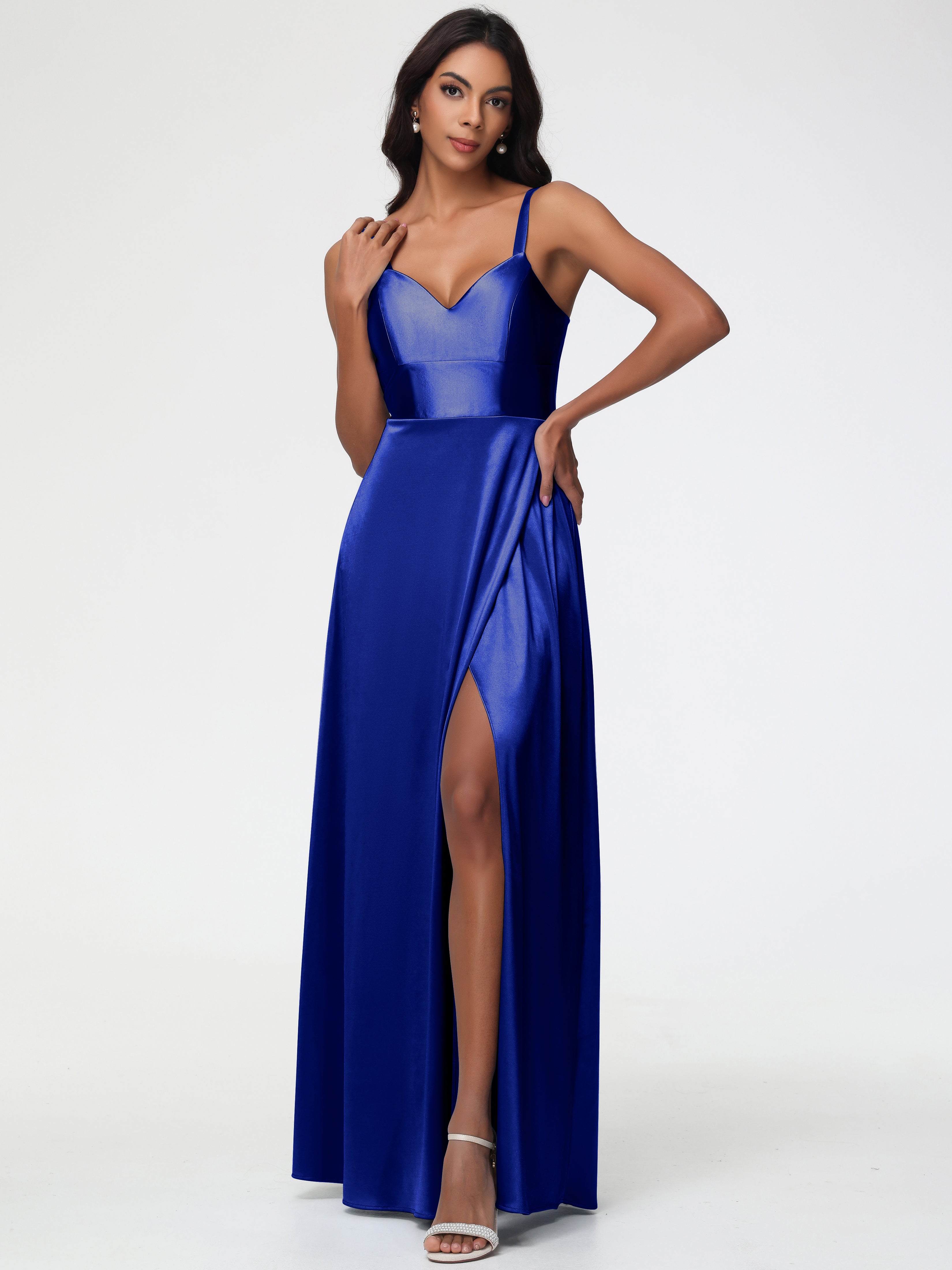 Royal Blue Formal Dress A-Line V-Neck Straps Long Stretch Satin Formal