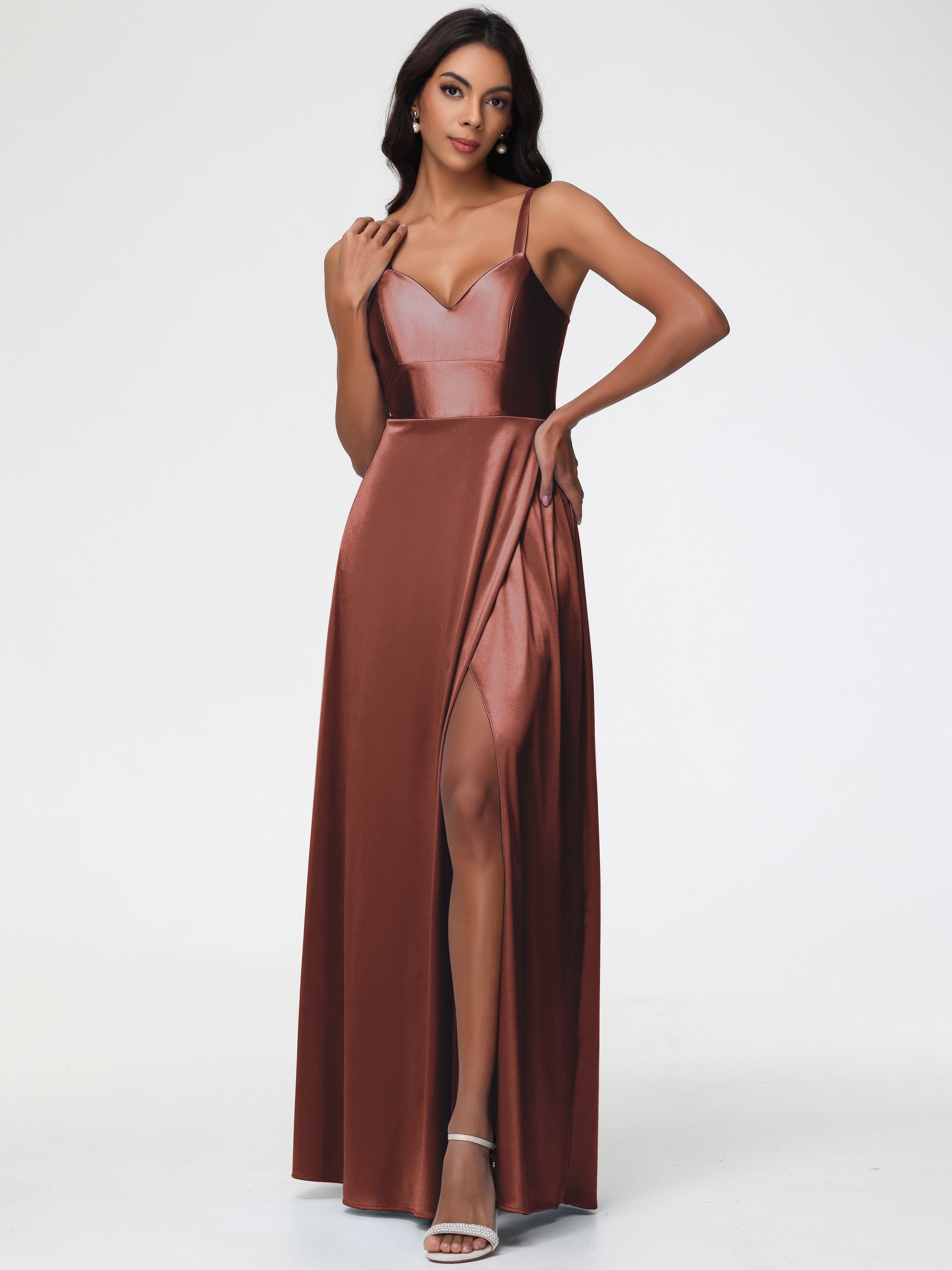 Satin Terracotta Bridesmaid Dresses A-Line V-Neck Straps Long Stretch Satin Bridesmaid Dresses With Split Satin Terracotta Bridesmaid Dresses A-Line V-Neck Straps Long Stretch Satin Bridesmaid Dresses With Split