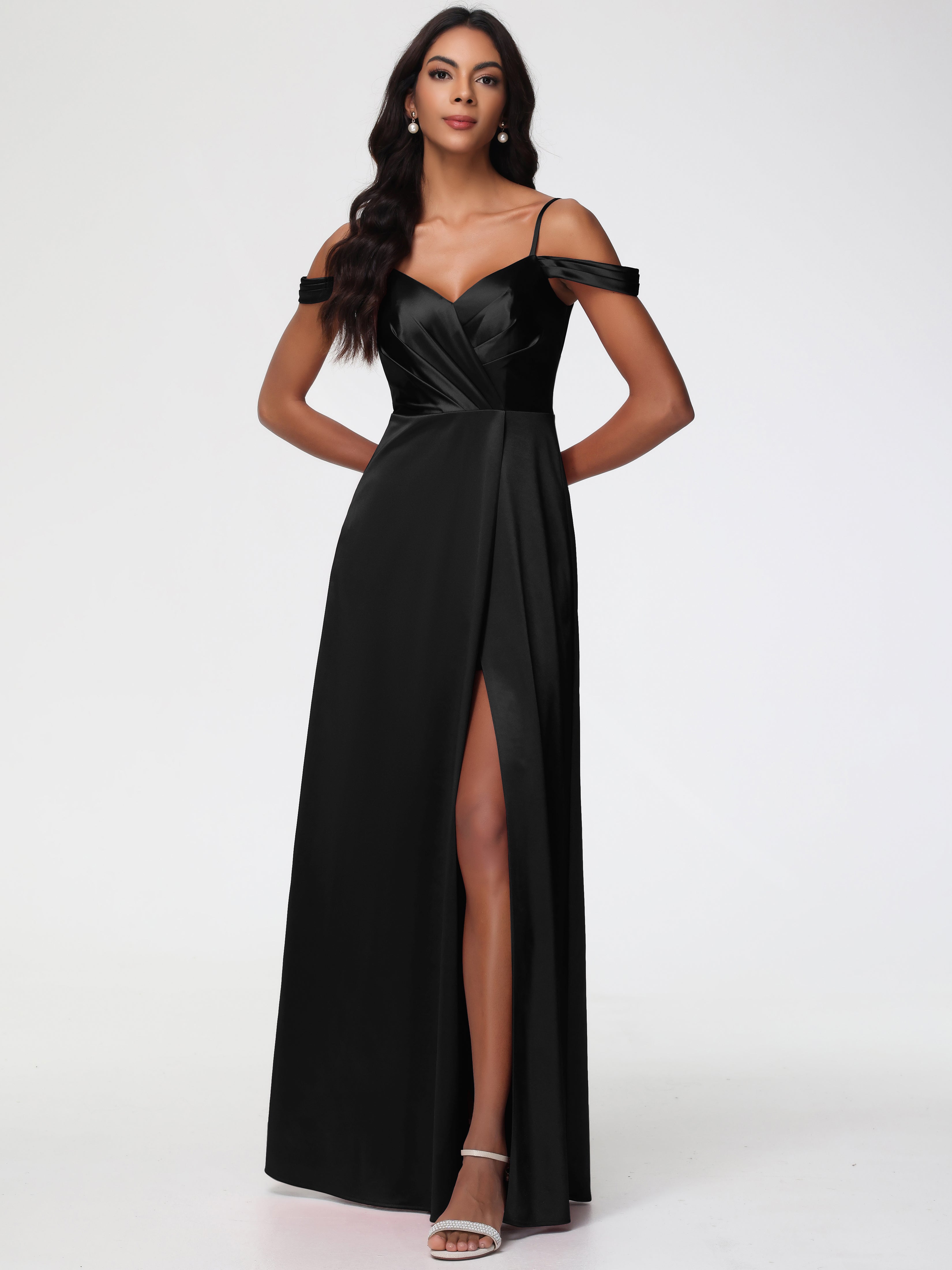 Black Bridesmaid Dress A-Line V-Neck Off The Shoulder Long Stretch Satin Bridesmaid Dresses With Split Black Bridesmaid Dress A-Line V-Neck Off The Shoulder Long Stretch Satin Bridesmaid Dresses With Split