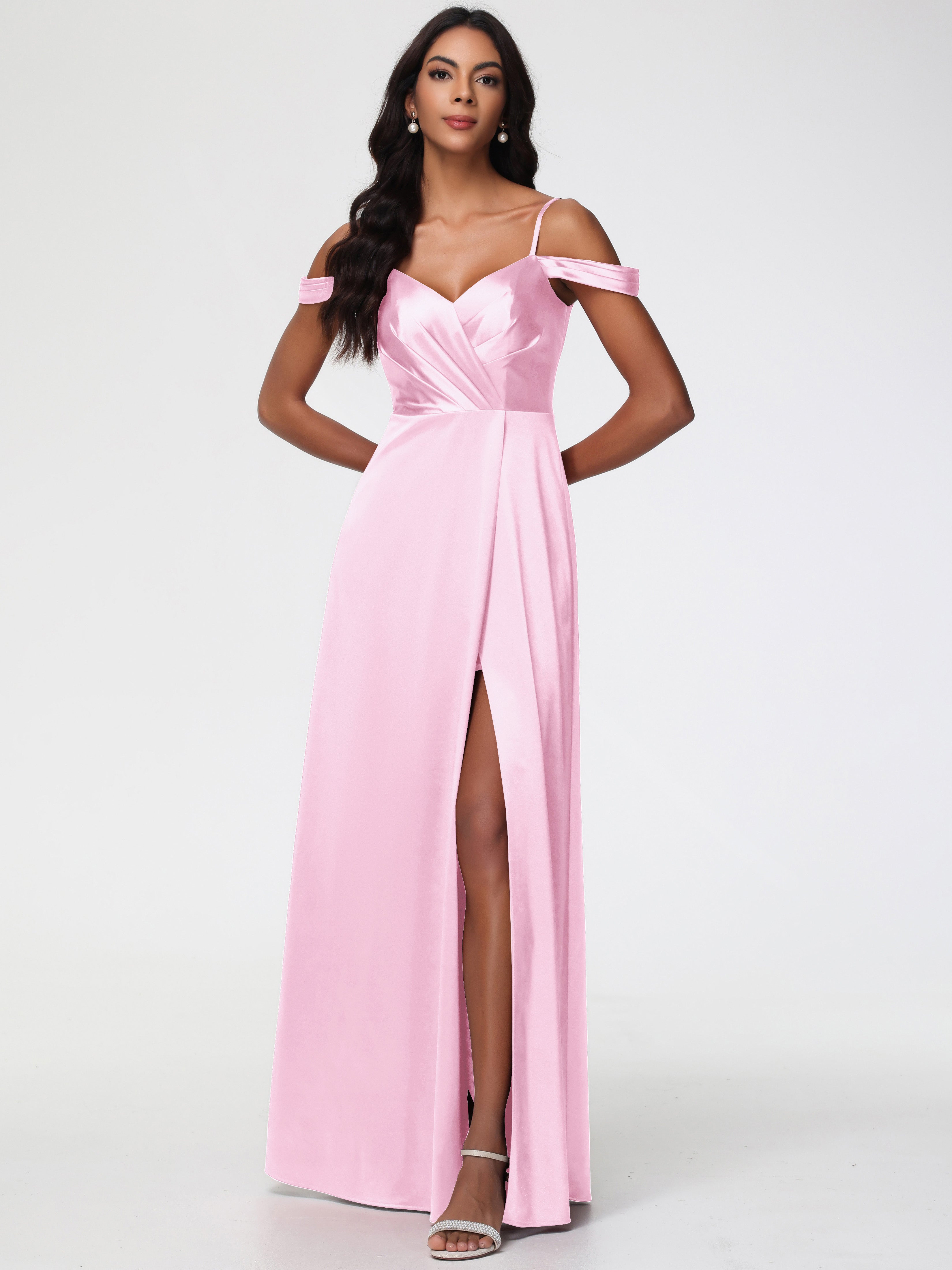 Blush Pink Bridesmaid Dresses A-Line V-Neck Off The Shoulder Long Stre Blush Pink Bridesmaid Dresses A-Line V-Neck Off The Shoulder Long Stre