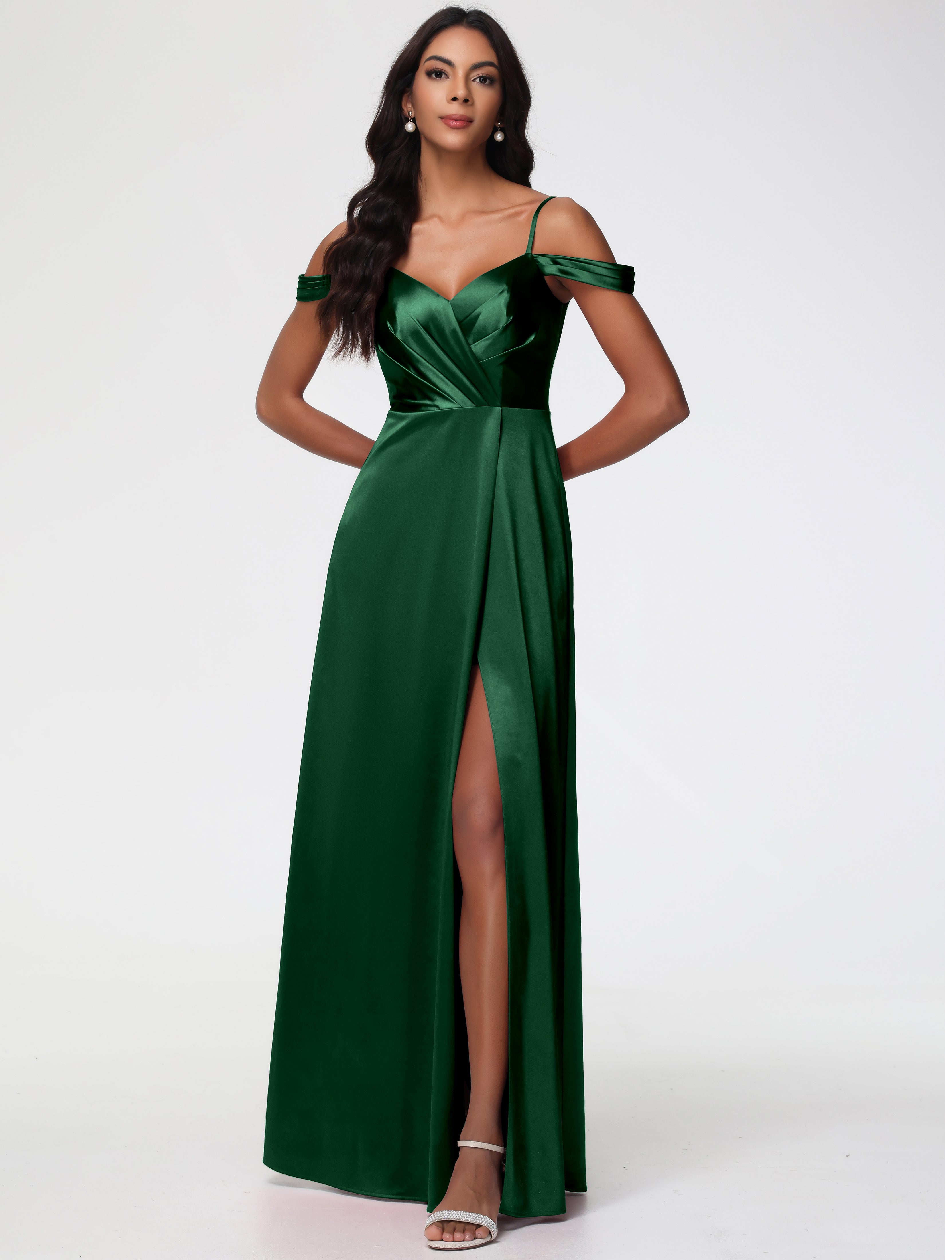 Satin Dark Green Formal Dresses A-Line V-Neck Off The Shoulder Long St