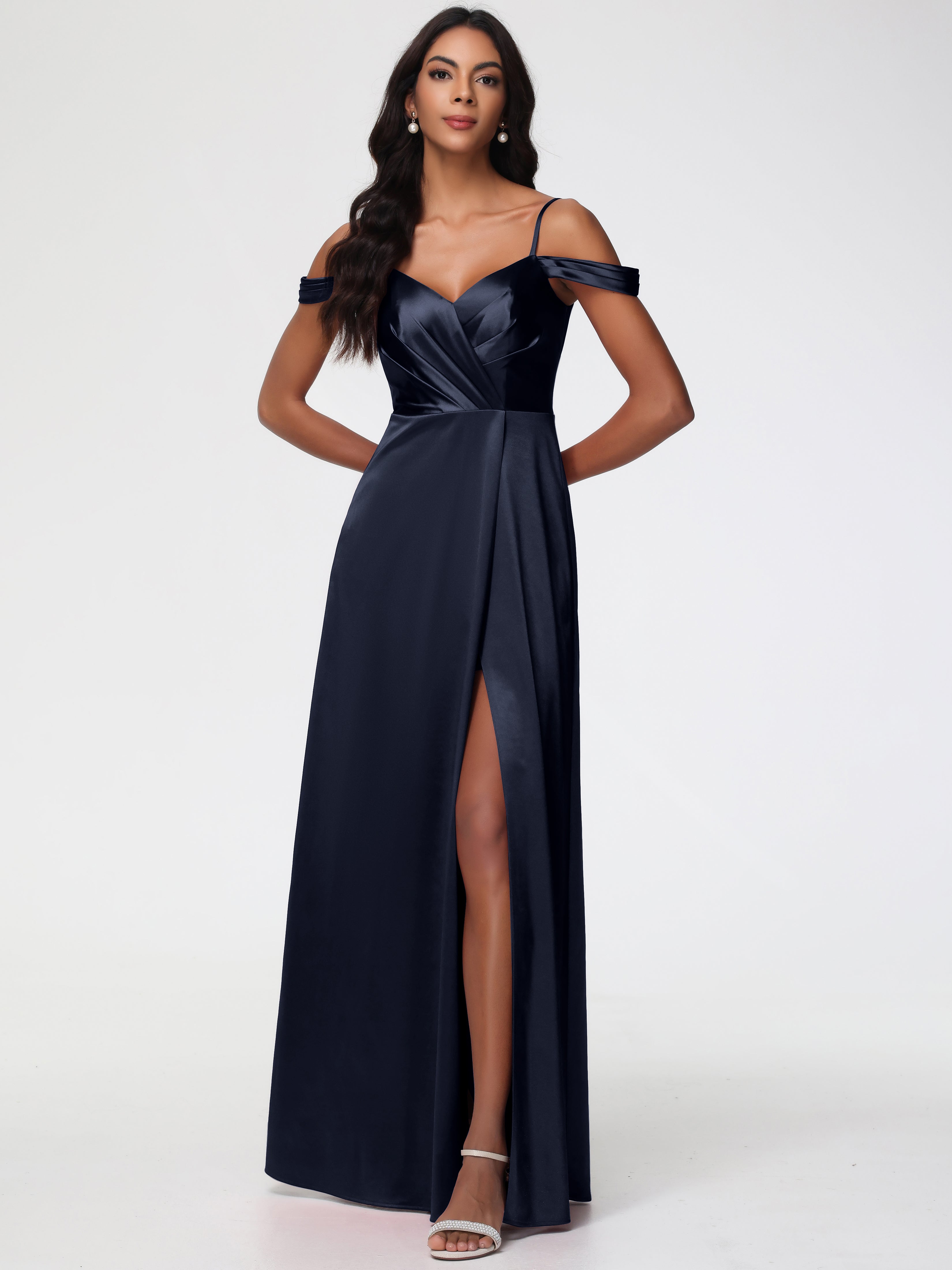 Dark Navy Bridesmaid Dress A-Line V-Neck Off The Shoulder Long Stretch Dark Navy Bridesmaid Dress A-Line V-Neck Off The Shoulder Long Stretch
