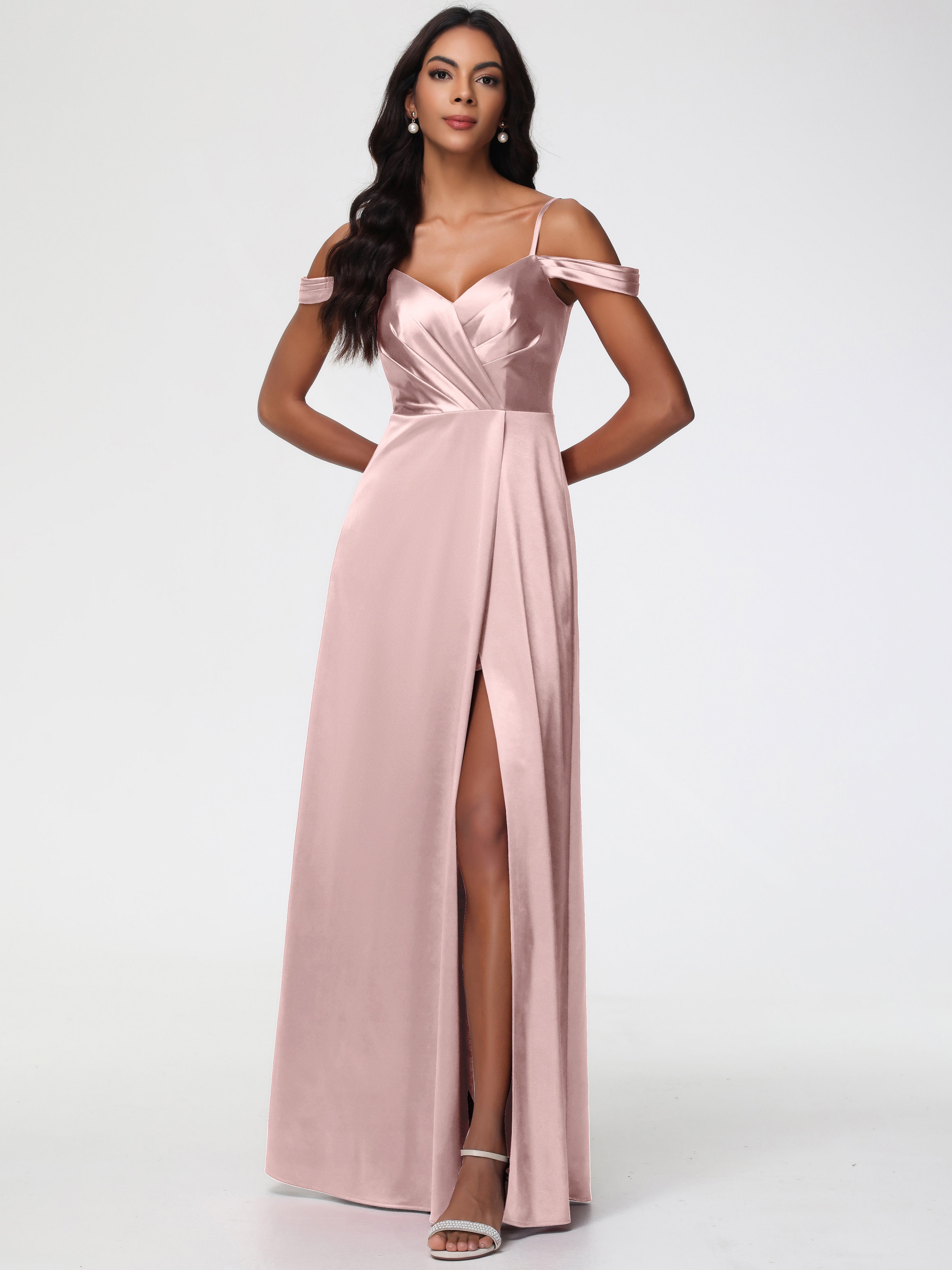 Prom Dresses Dusty Rose A-Line V-Neck Off The Shoulder Long Stretch Sa