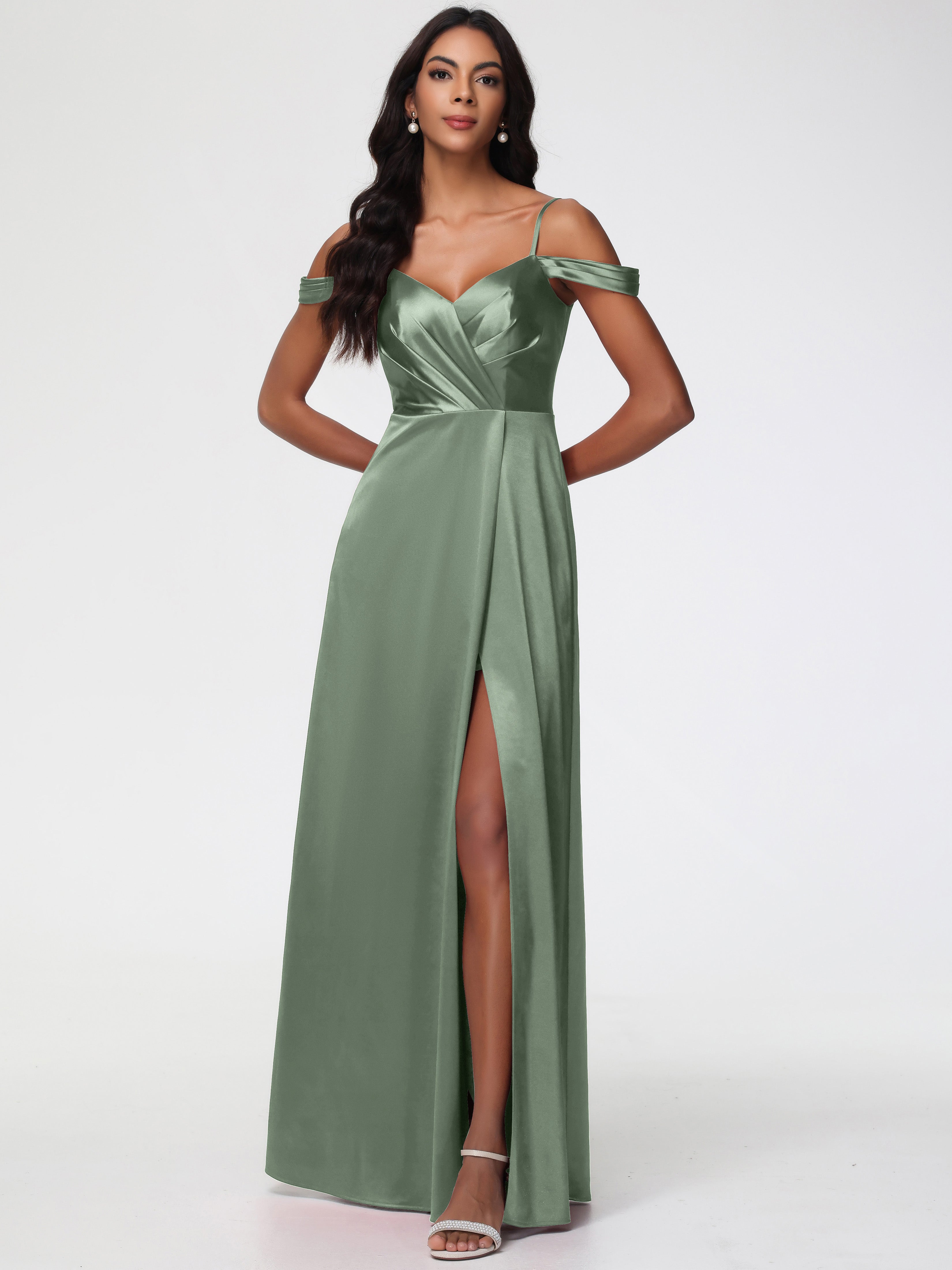 Dusty Sage Green Prom Dresses A-Line V-Neck Off The Shoulder Long Stretch Satin Prom Dresses With Split Dusty Sage Green Prom Dresses A-Line V-Neck Off The Shoulder Long Stretch Satin Prom Dresses With Split
