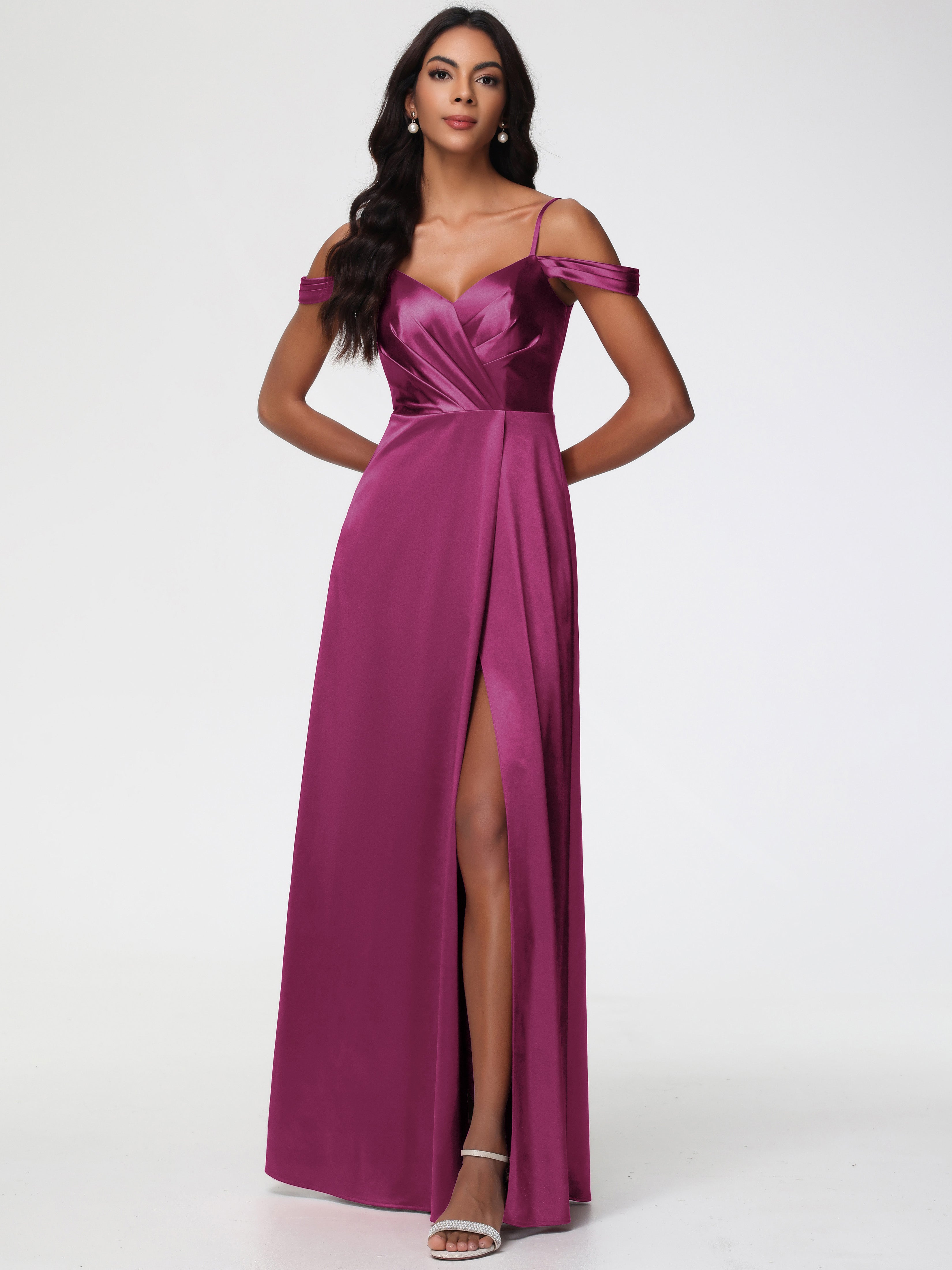 Fuchsia Dress Bridesmaid A-Line V-Neck Off The Shoulder Long Stretch Satin Bridesmaid Dresses With Split