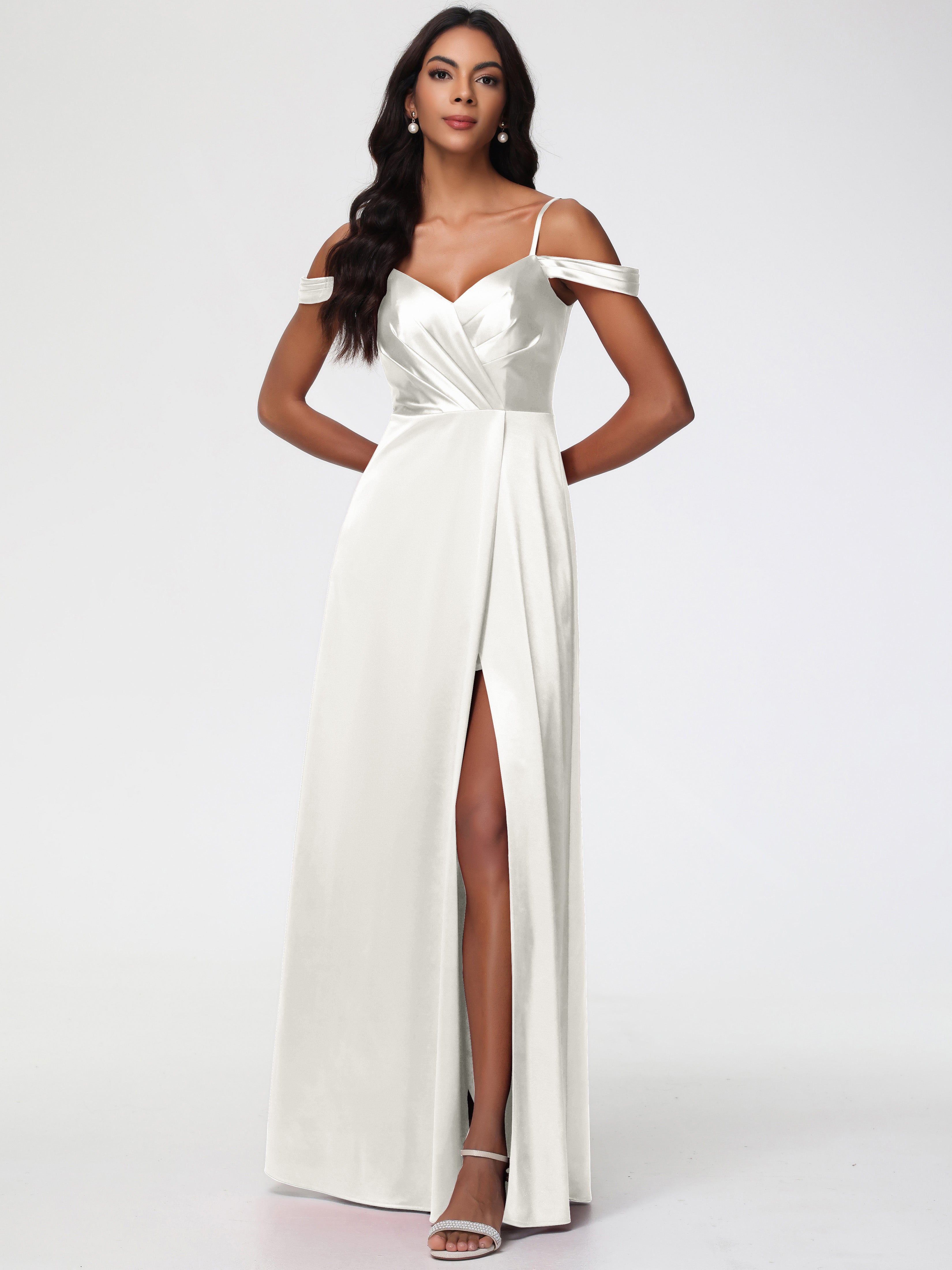 Ivory Bridesmaid Dresses A-Line V-Neck Off The Shoulder Long Stretch Satin Bridesmaid Dresses With Split Ivory Bridesmaid Dresses A-Line V-Neck Off The Shoulder Long Stretch Satin Bridesmaid Dresses With Split