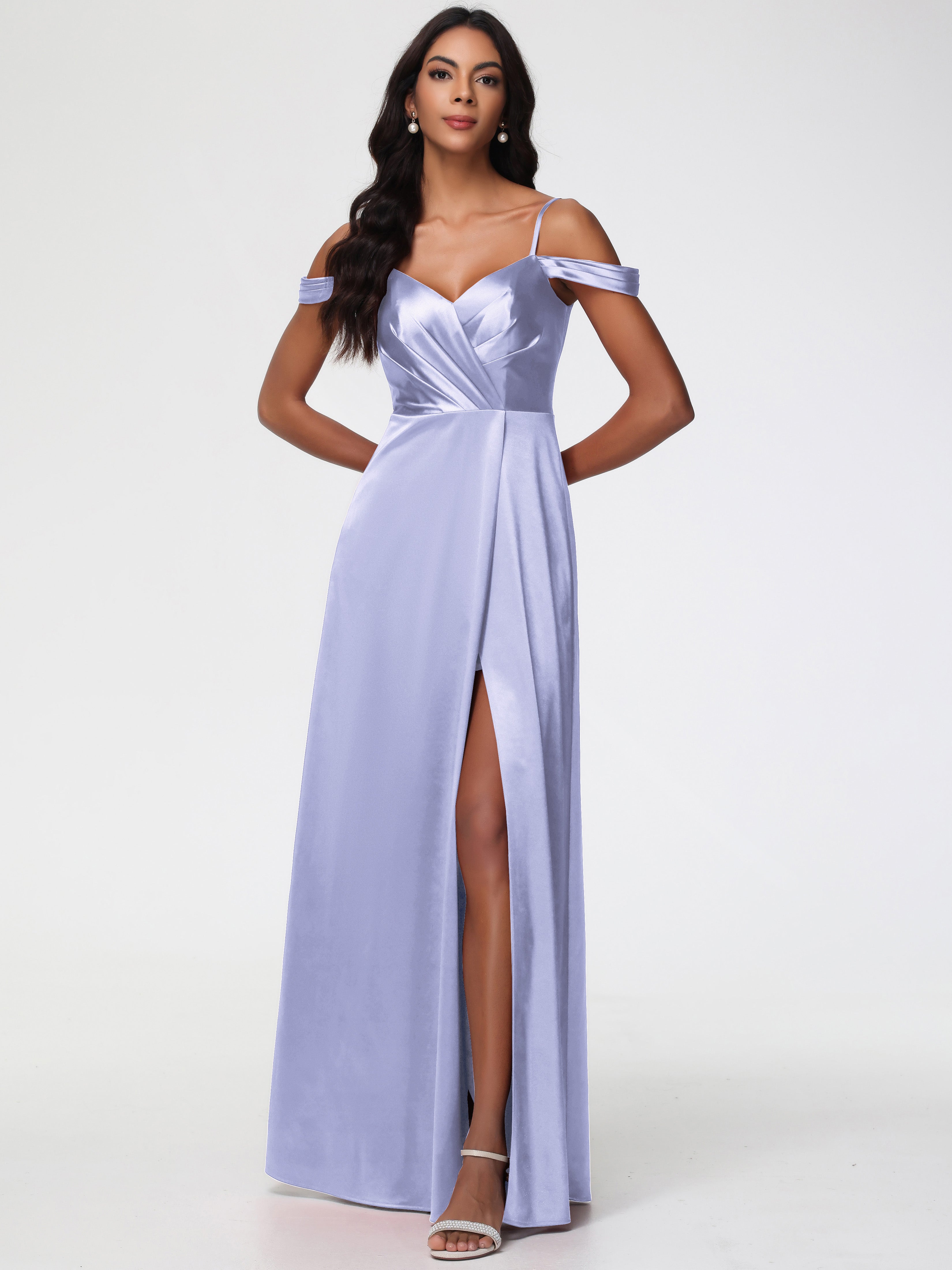Formal Dresses Lavender A-Line V-Neck Off The Shoulder Long Stretch Satin Formal Dresses With Split Formal Dresses Lavender A-Line V-Neck Off The Shoulder Long Stretch Satin Formal Dresses With Split