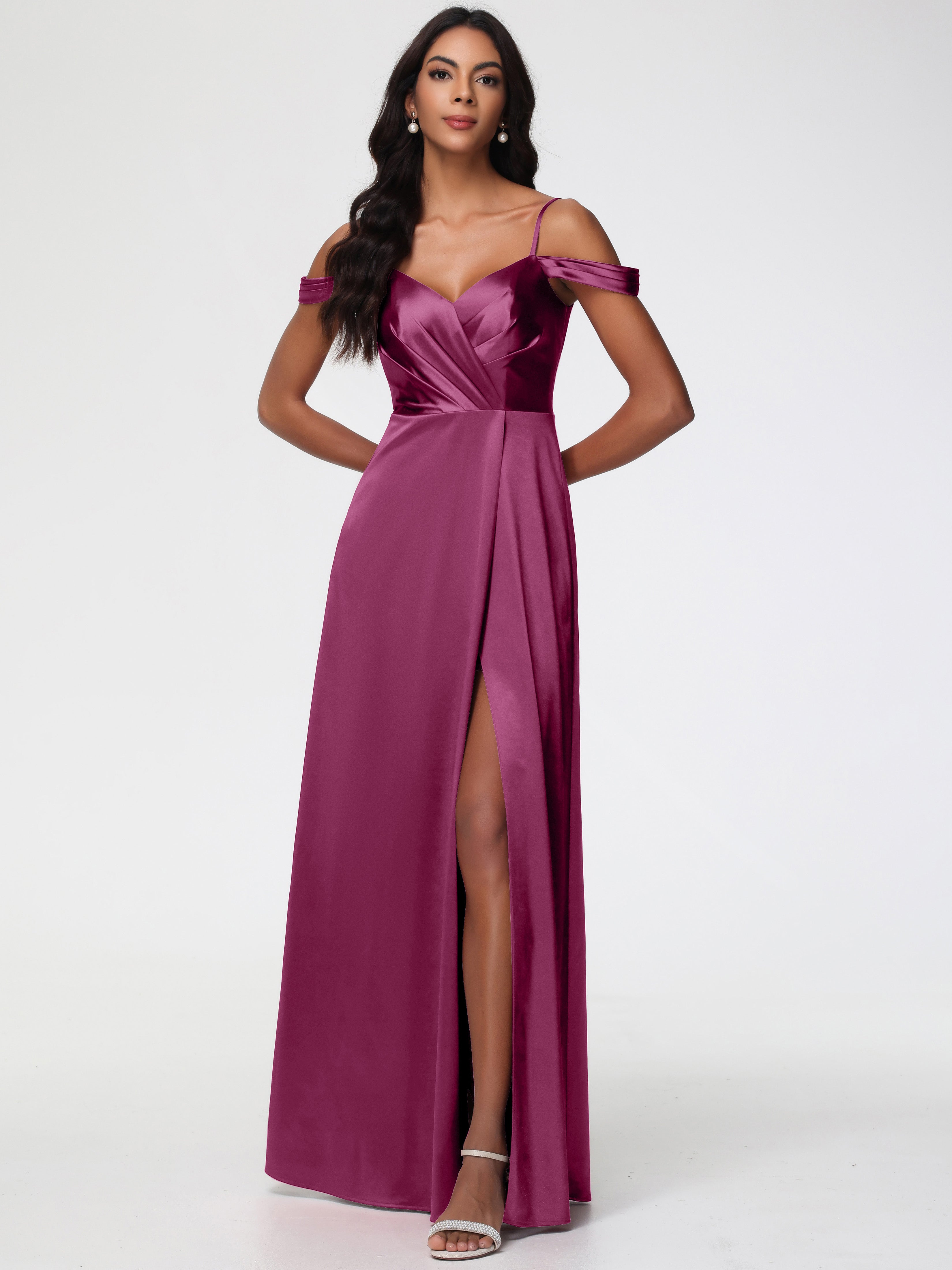 Mulberry Colour Bridesmaid Dresses A-Line V-Neck Off The Shoulder Long Stretch Satin Bridesmaid Dresses With Split Mulberry Colour Bridesmaid Dresses A-Line V-Neck Off The Shoulder Long Stretch Satin Bridesmaid Dresses With Split