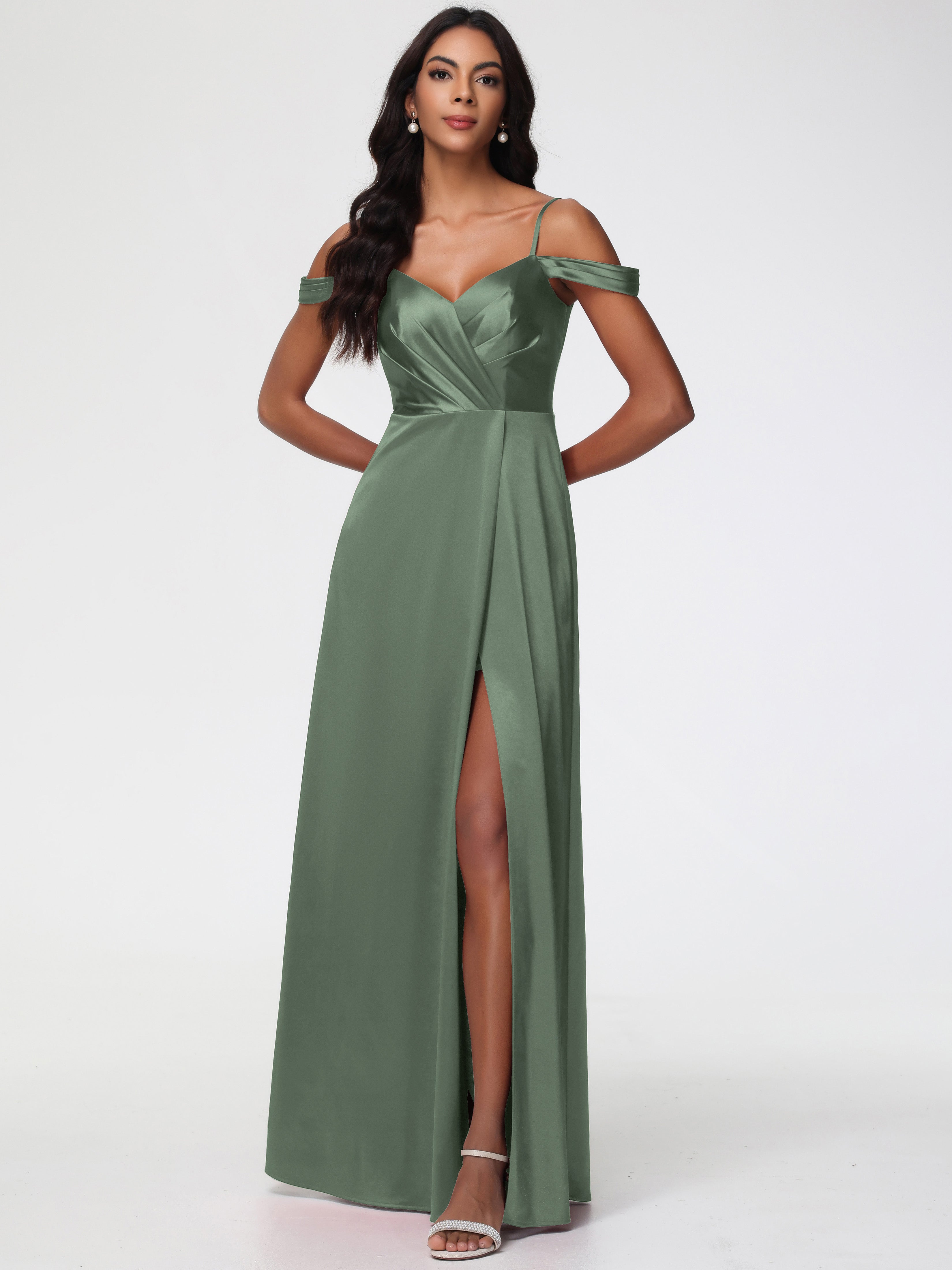Olive Green Satin Bridesmaid Dresses A-Line V-Neck Off The Shoulder Long Stretch Satin Bridesmaid Dresses With Split Olive Green Satin Bridesmaid Dresses A-Line V-Neck Off The Shoulder Long Stretch Satin Bridesmaid Dresses With Split