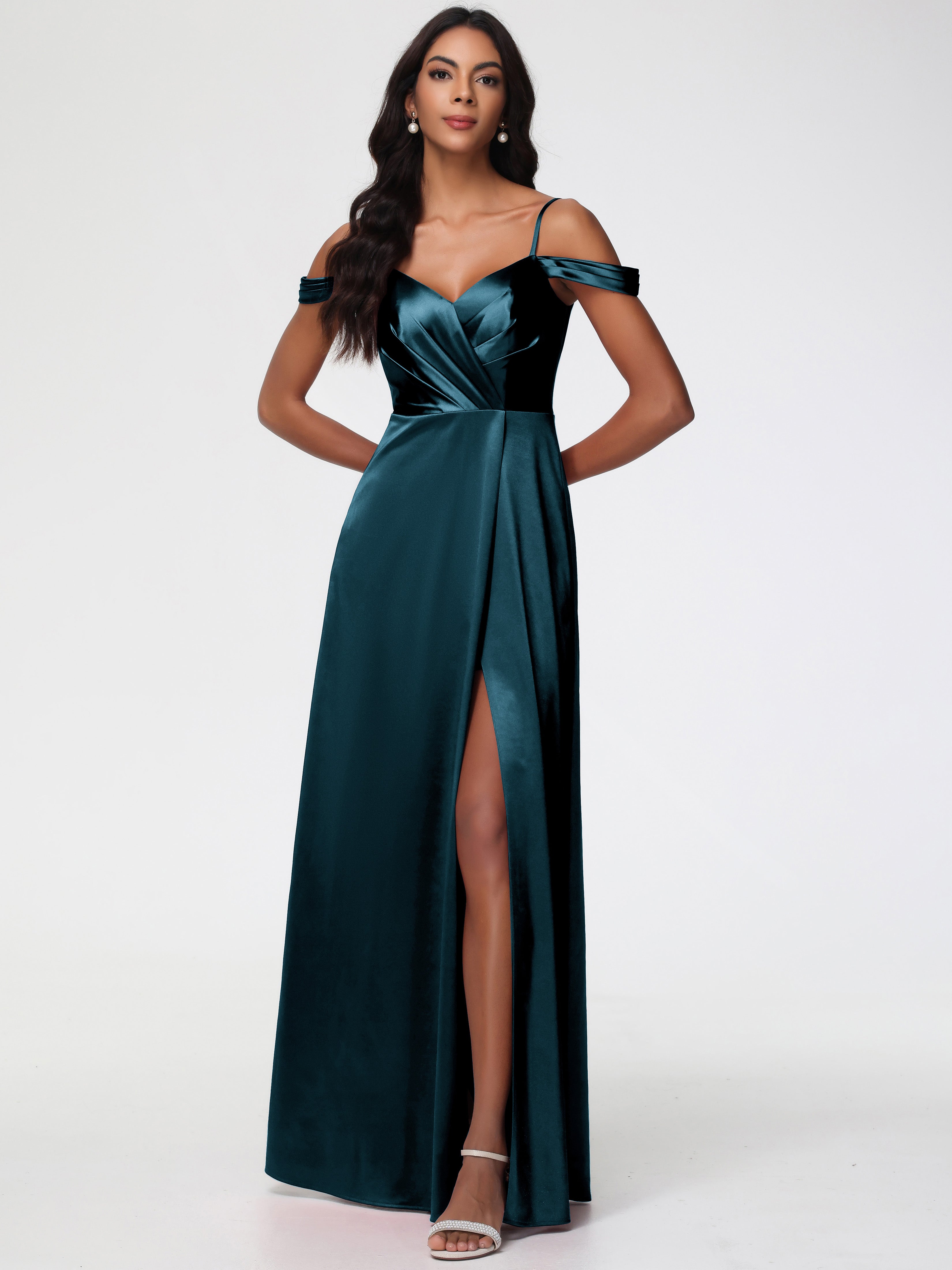 Peacock Blue Formal Dress A-Line V-Neck Off The Shoulder Long Stretch Satin Formal Dresses With Split Peacock Blue Formal Dress A-Line V-Neck Off The Shoulder Long Stretch Satin Formal Dresses With Split