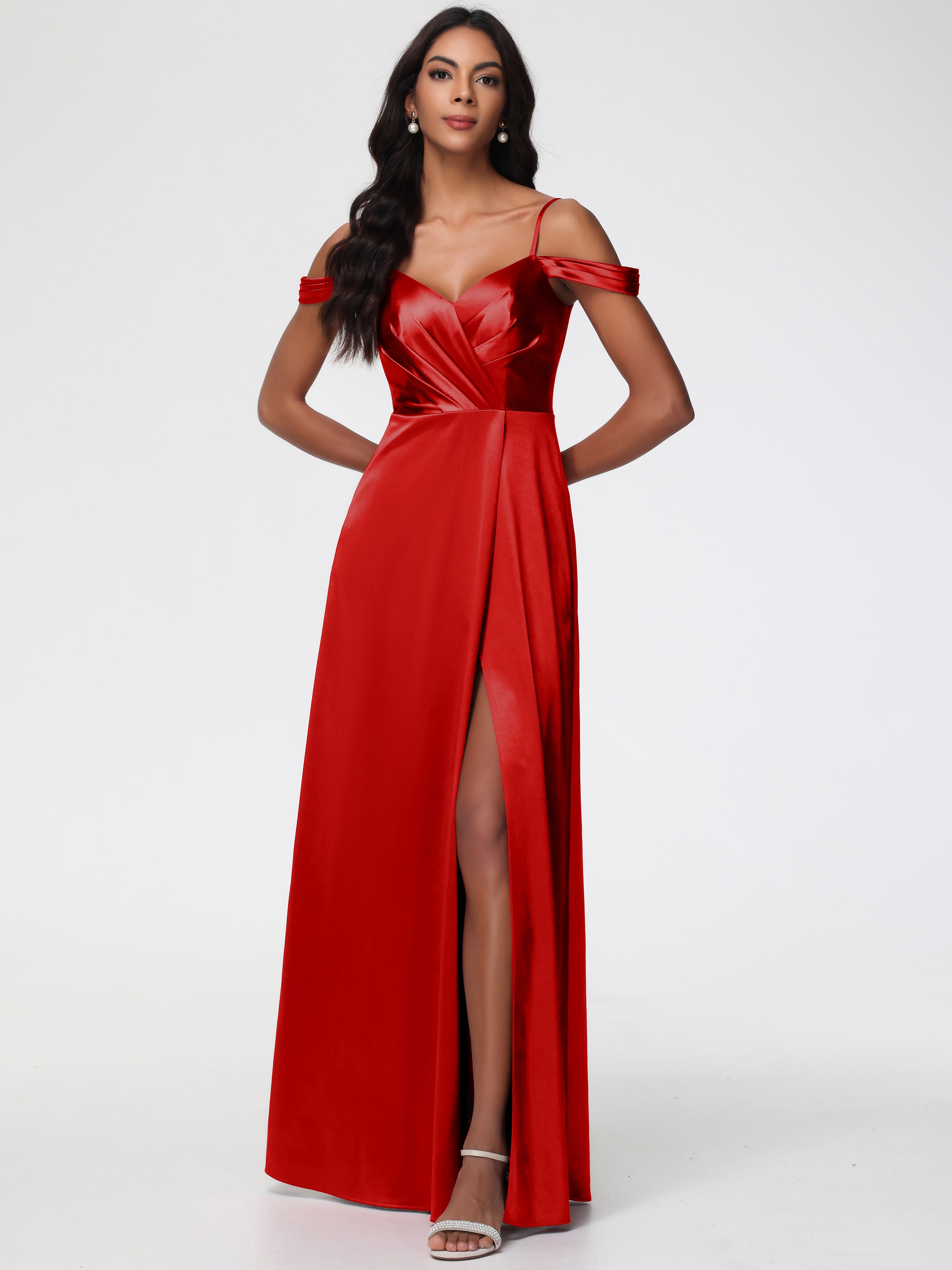 Long Red Formal Dresses A-Line V-Neck Off The Shoulder Long Stretch Sa