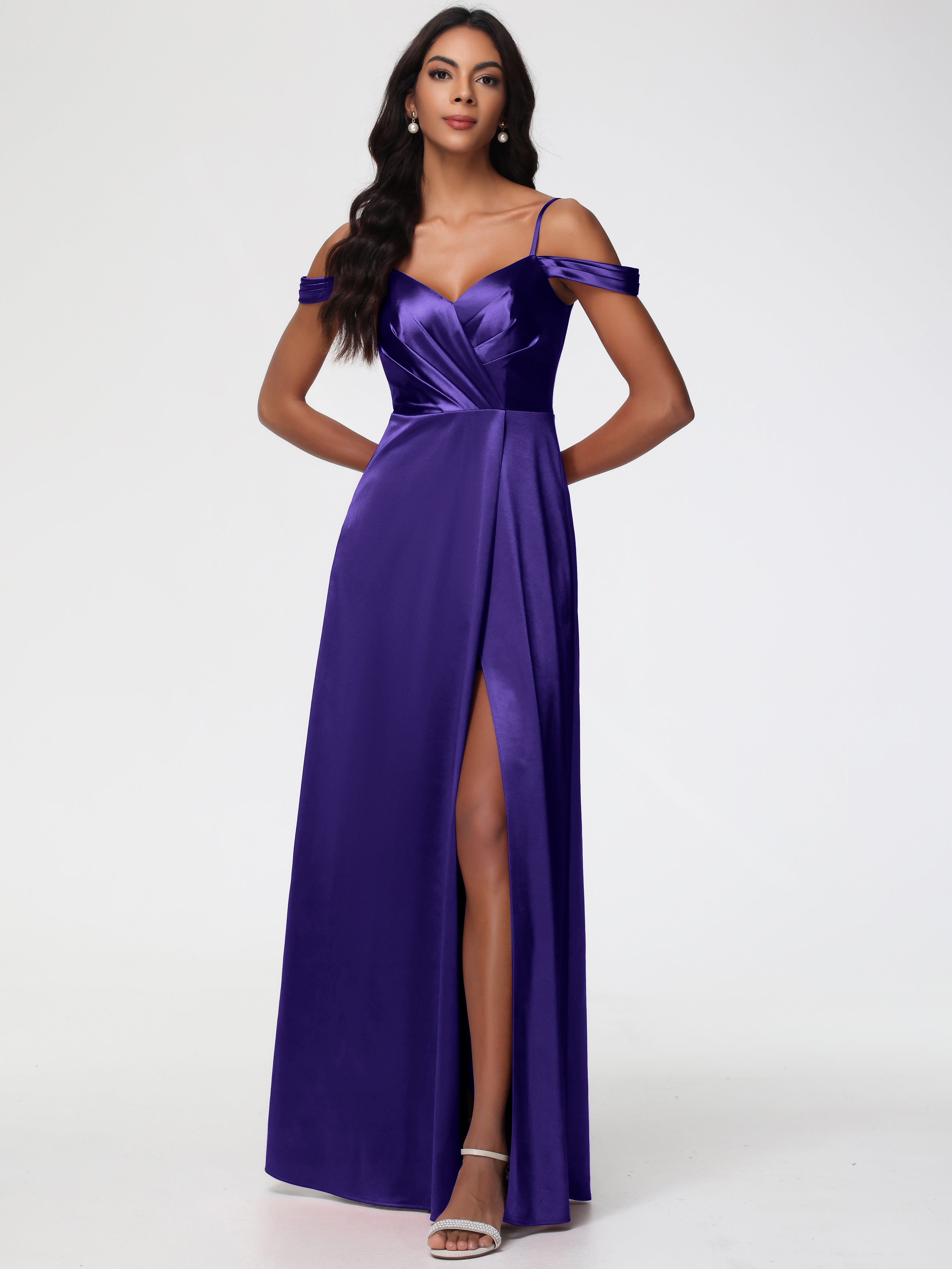 Regency Purple Bridesmaid Dresses A-Line V-Neck Off The Shoulder Long Stretch Satin Bridesmaid Dresses With Split