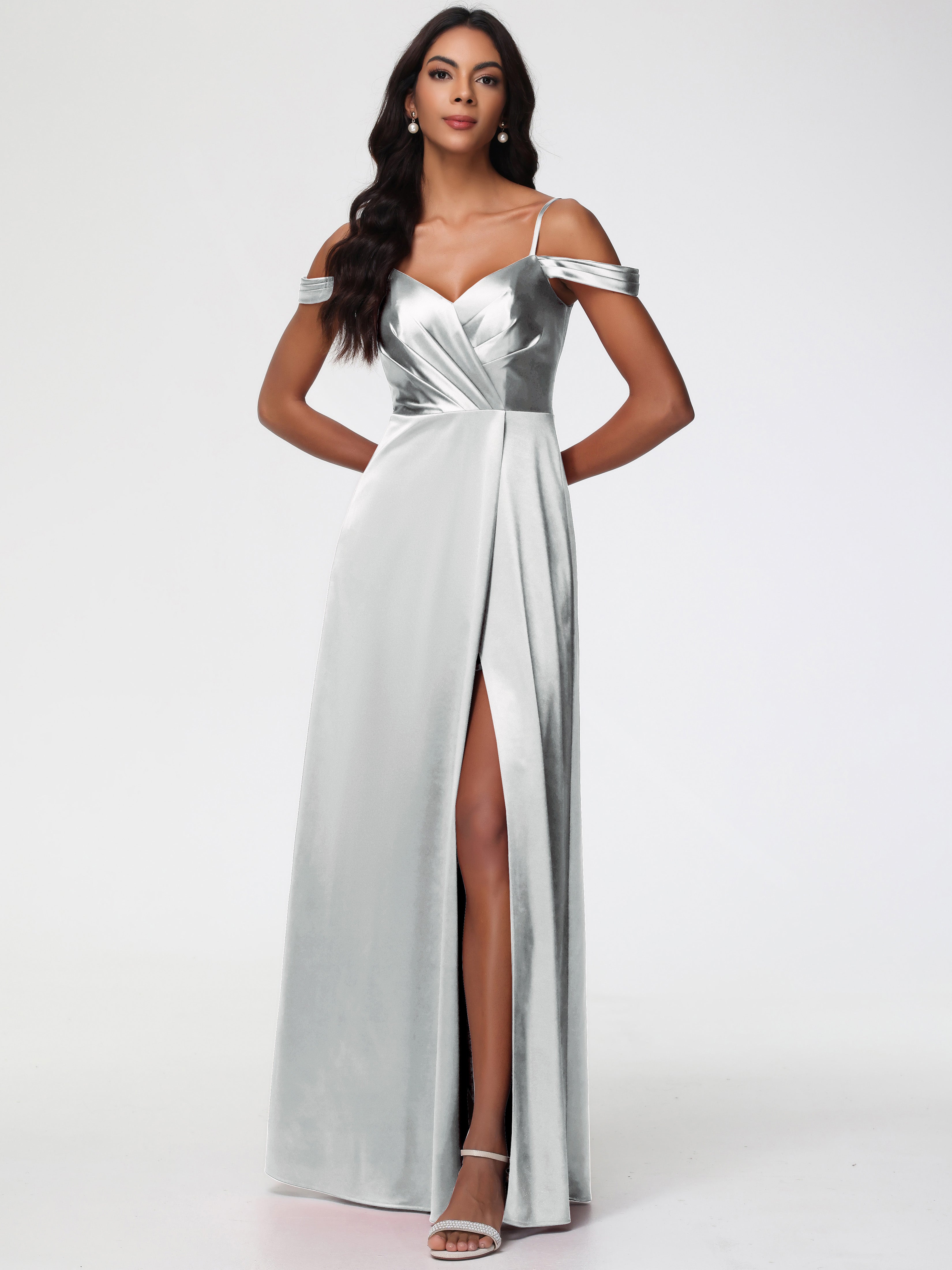 Prom Dresses Silver A-Line V-Neck Off The Shoulder Long Stretch Satin Prom Dresses With Split Prom Dresses Silver A-Line V-Neck Off The Shoulder Long Stretch Satin Prom Dresses With Split
