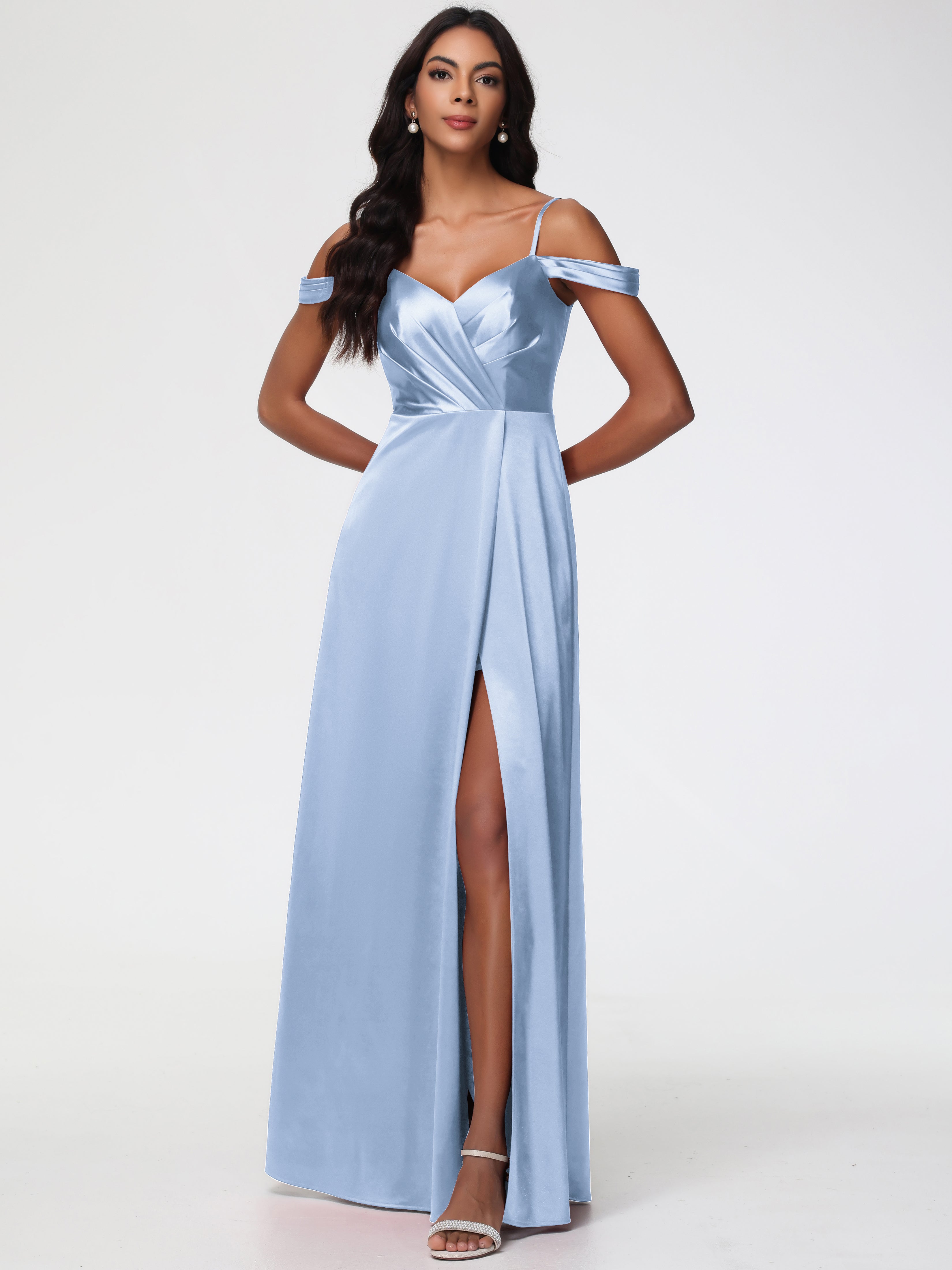 Sky Blue Dress for Formal A-Line V-Neck Off The Shoulder Long Stretch Satin Formal Dresses With Split Sky Blue Dress for Formal A-Line V-Neck Off The Shoulder Long Stretch Satin Formal Dresses With Split