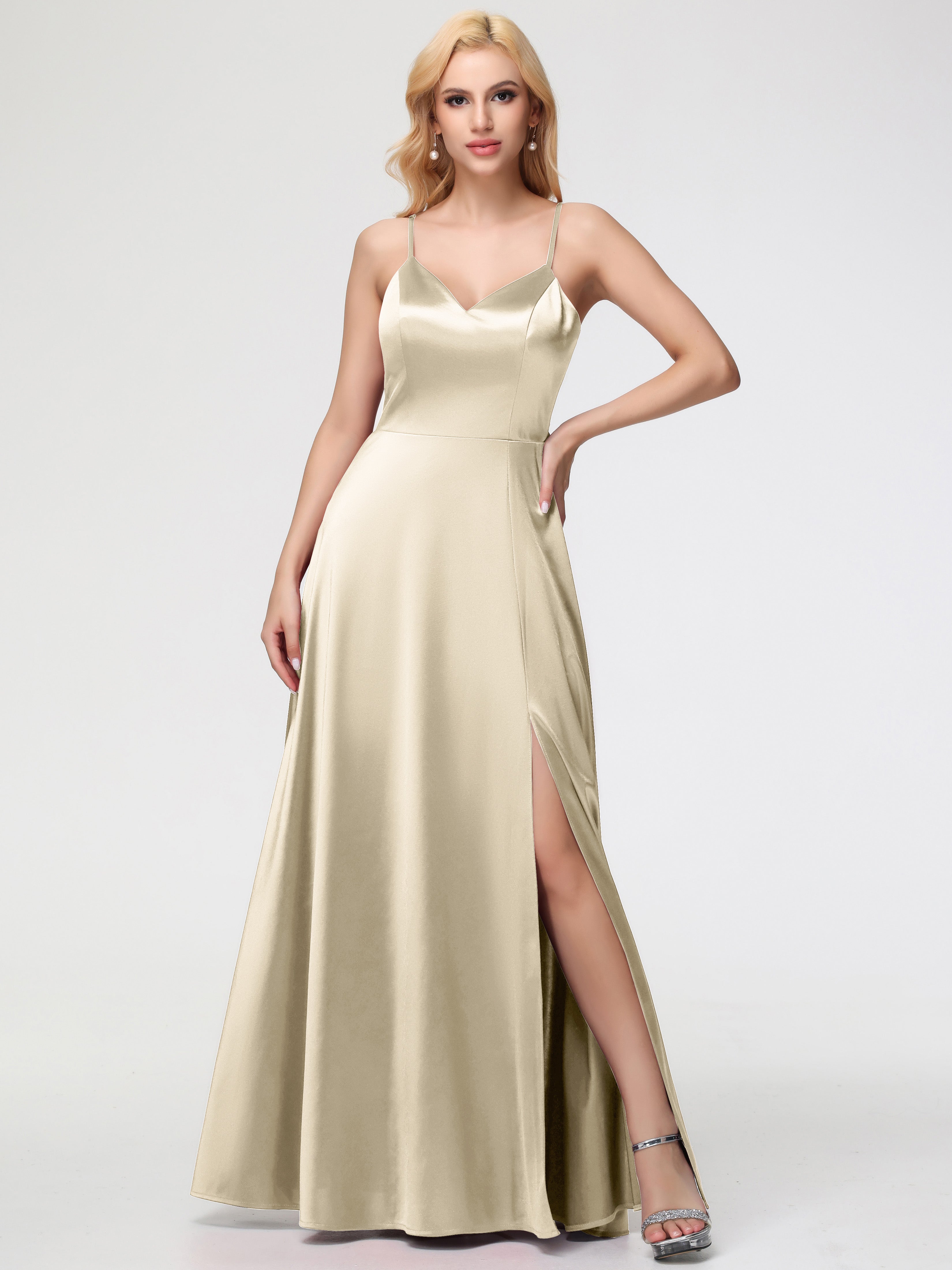 Champagne Coloured Bridesmaid Dresses A-Line V-Neck Spaghetti Straps Sleeveless Stretch Satin Bridesmaid Dresses Champagne Coloured Bridesmaid Dresses A-Line V-Neck Spaghetti Straps Sleeveless Stretch Satin Bridesmaid Dresses