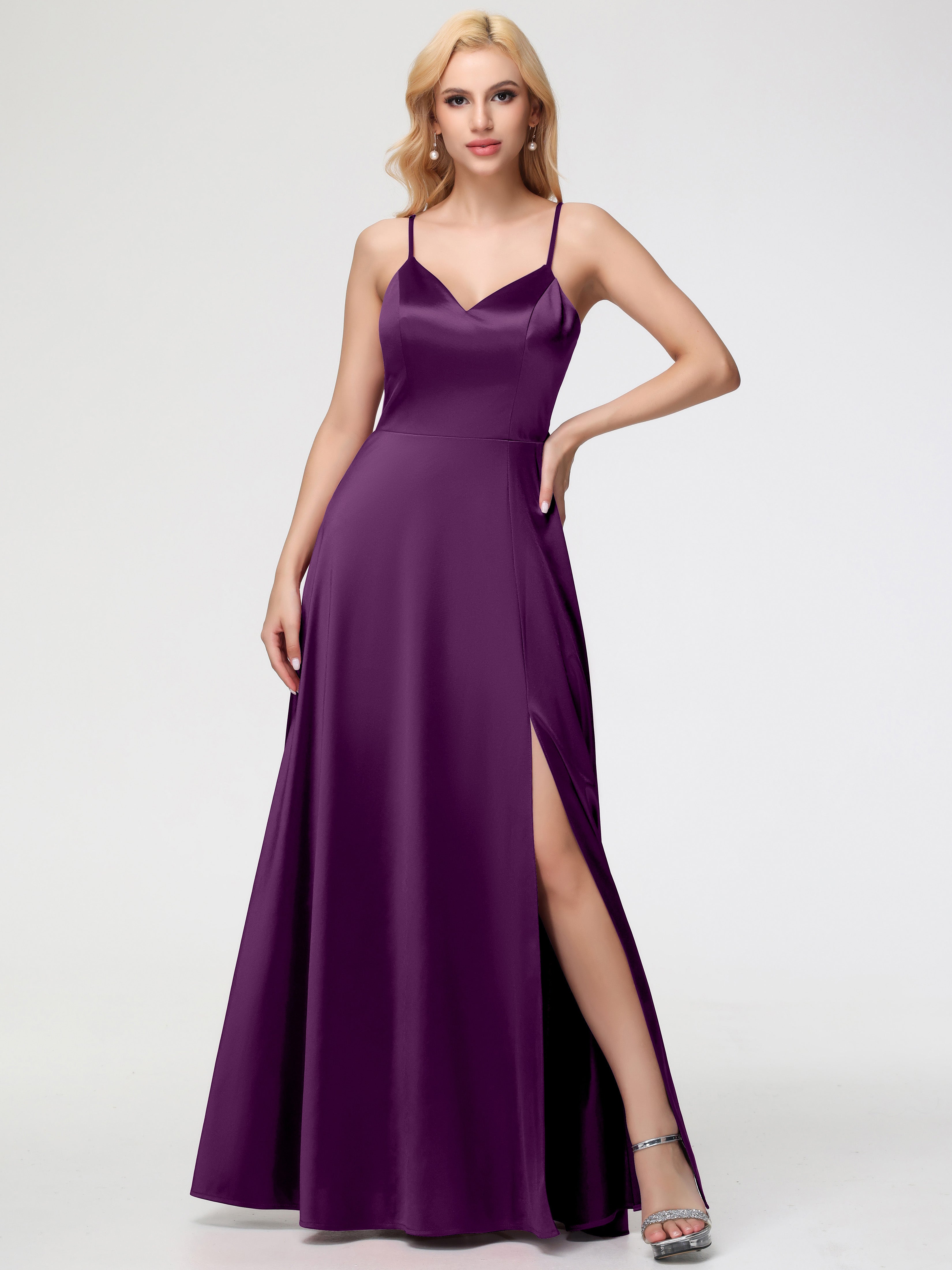Grape Formal Dress A-Line V-Neck Spaghetti Straps Sleeveless Stretch Satin Formal Dresses