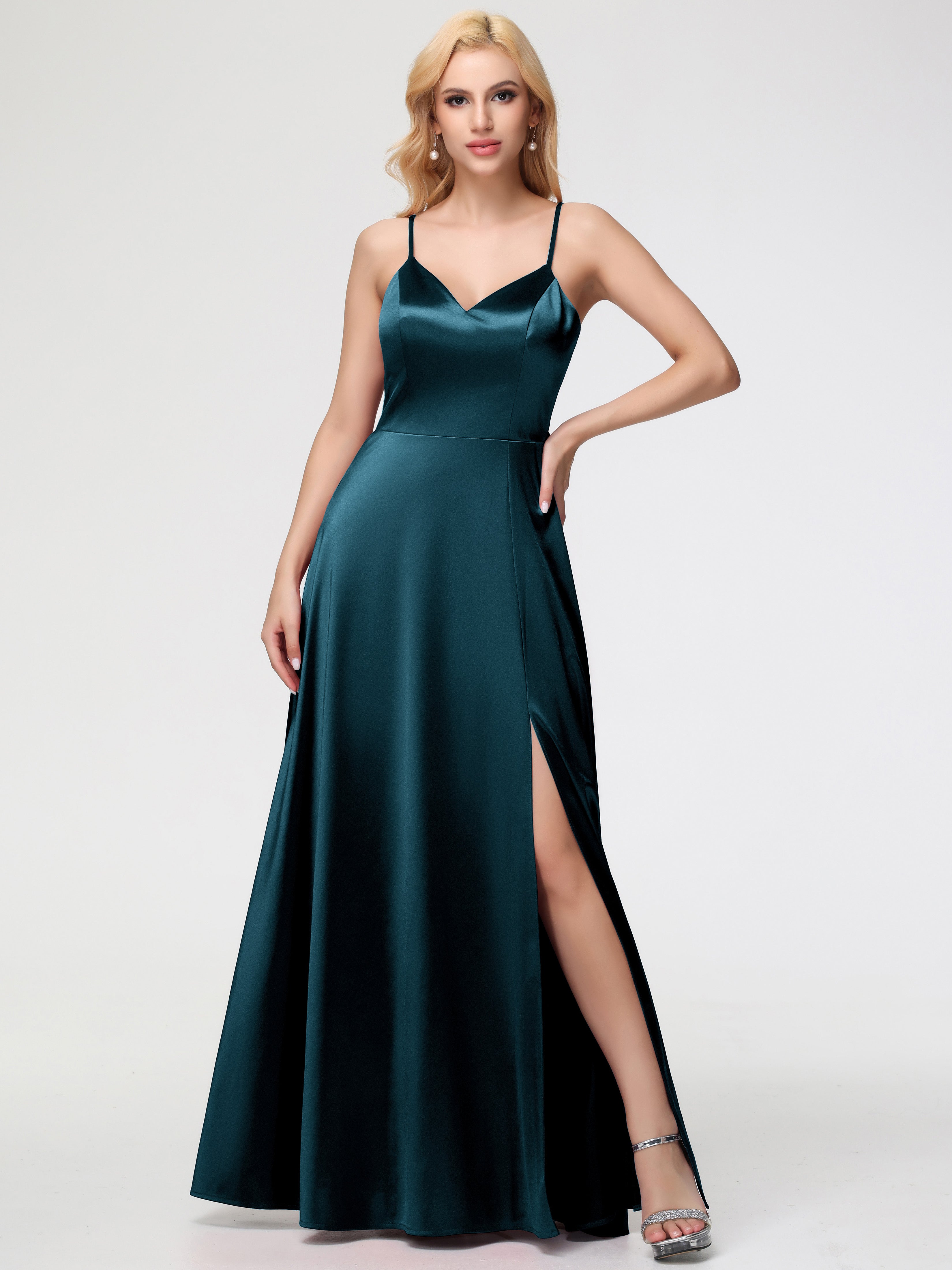 Peacock Satin Prom Dresses A-Line V-Neck Spaghetti Straps Sleeveless Stretch Satin Prom Dresses Peacock Satin Prom Dresses A-Line V-Neck Spaghetti Straps Sleeveless Stretch Satin Prom Dresses