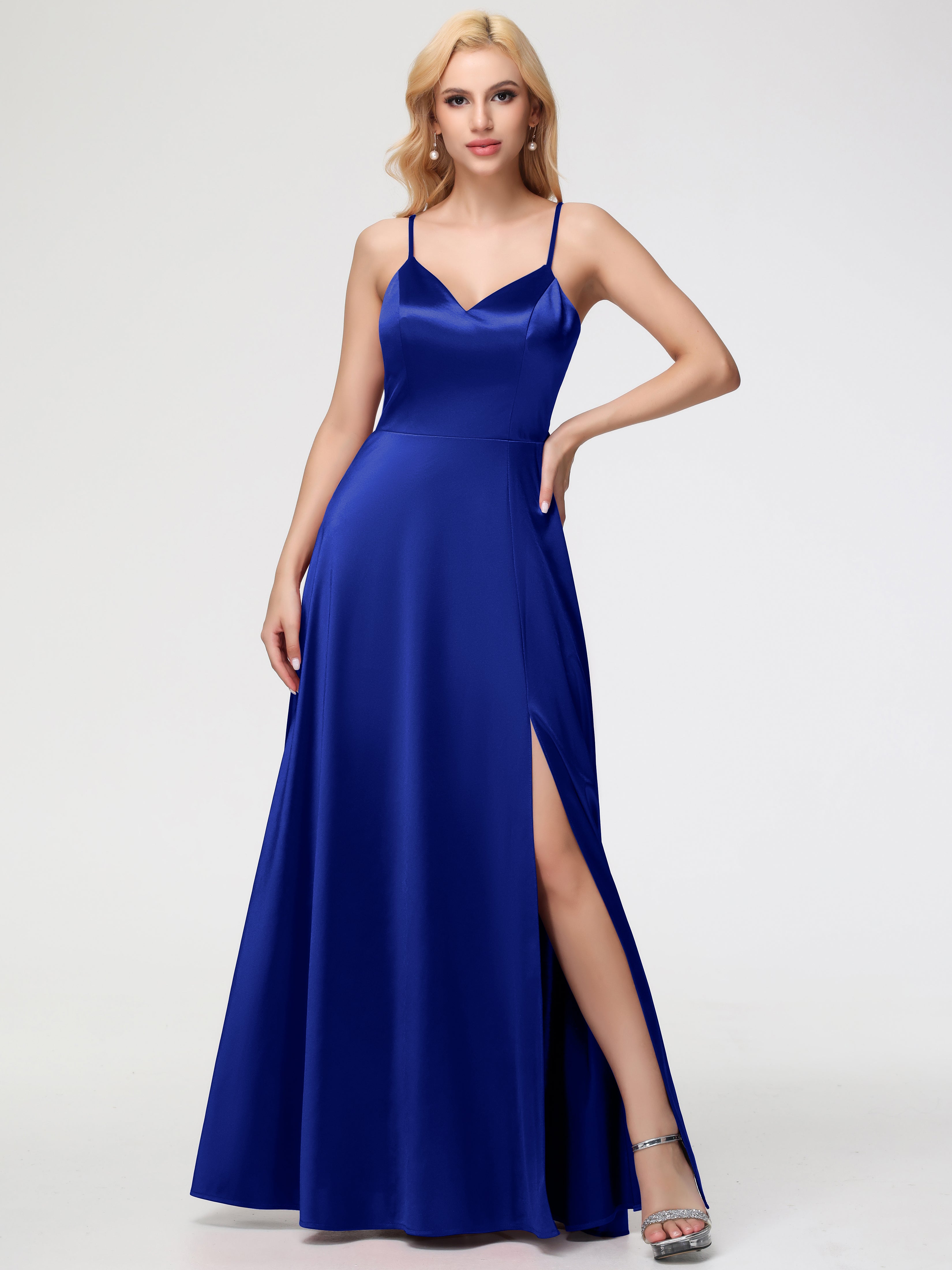 royal blue bridesmaids dresses Spaghetti Straps Notched Sleeveless Long Stretch Satin Bridesmaid Dresses With Split while the detachable overskirt adds drama and versatility Royal Blue Bridesmaid Dresses Long