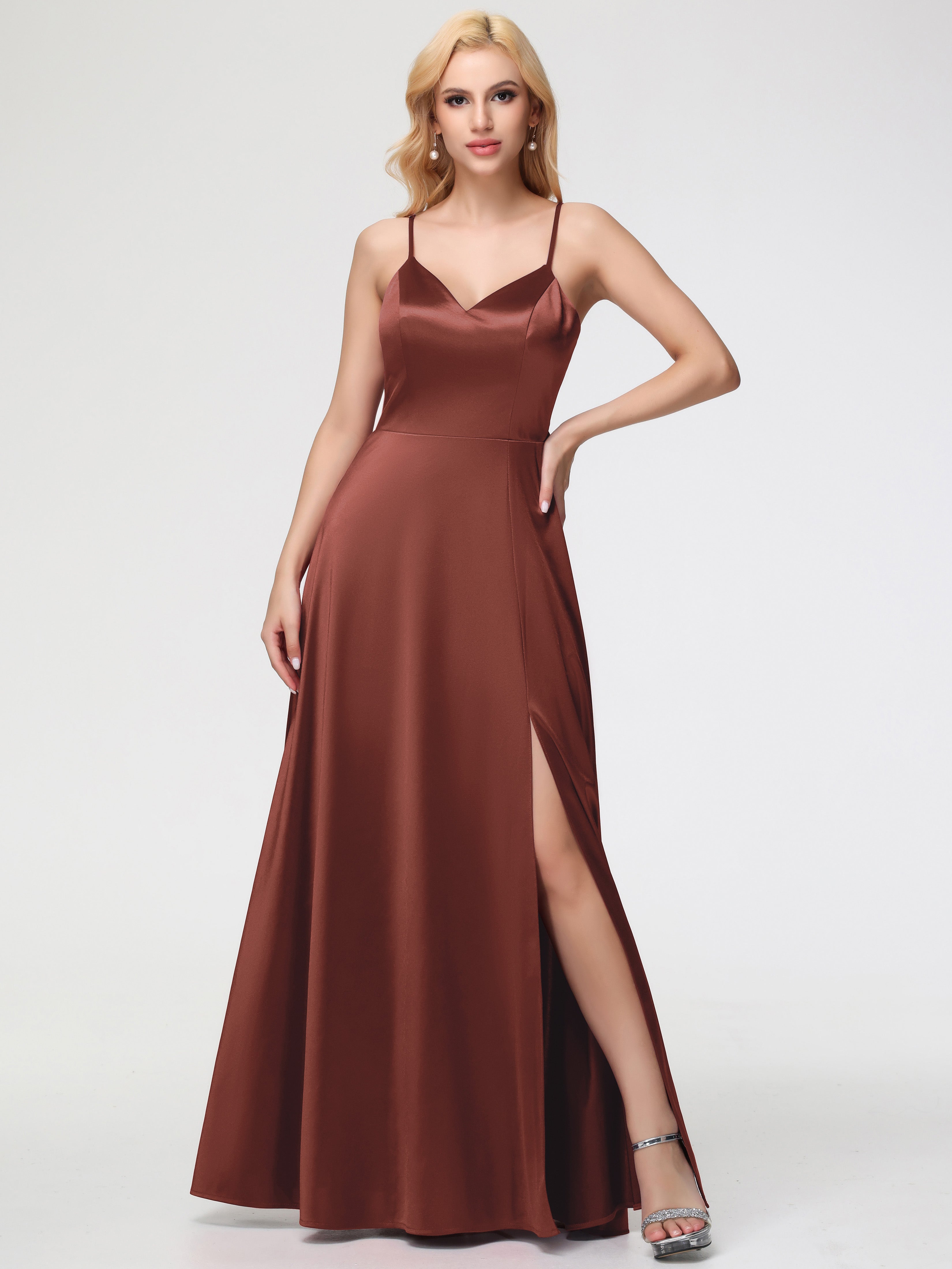 Terracotta Formal Dresses Chic Spaghetti Straps Stretch Satin Floor Length Formal Dress With Split Terracotta Formal Dresses Chic Spaghetti Straps Stretch Satin Floor Length Formal Dress With Split