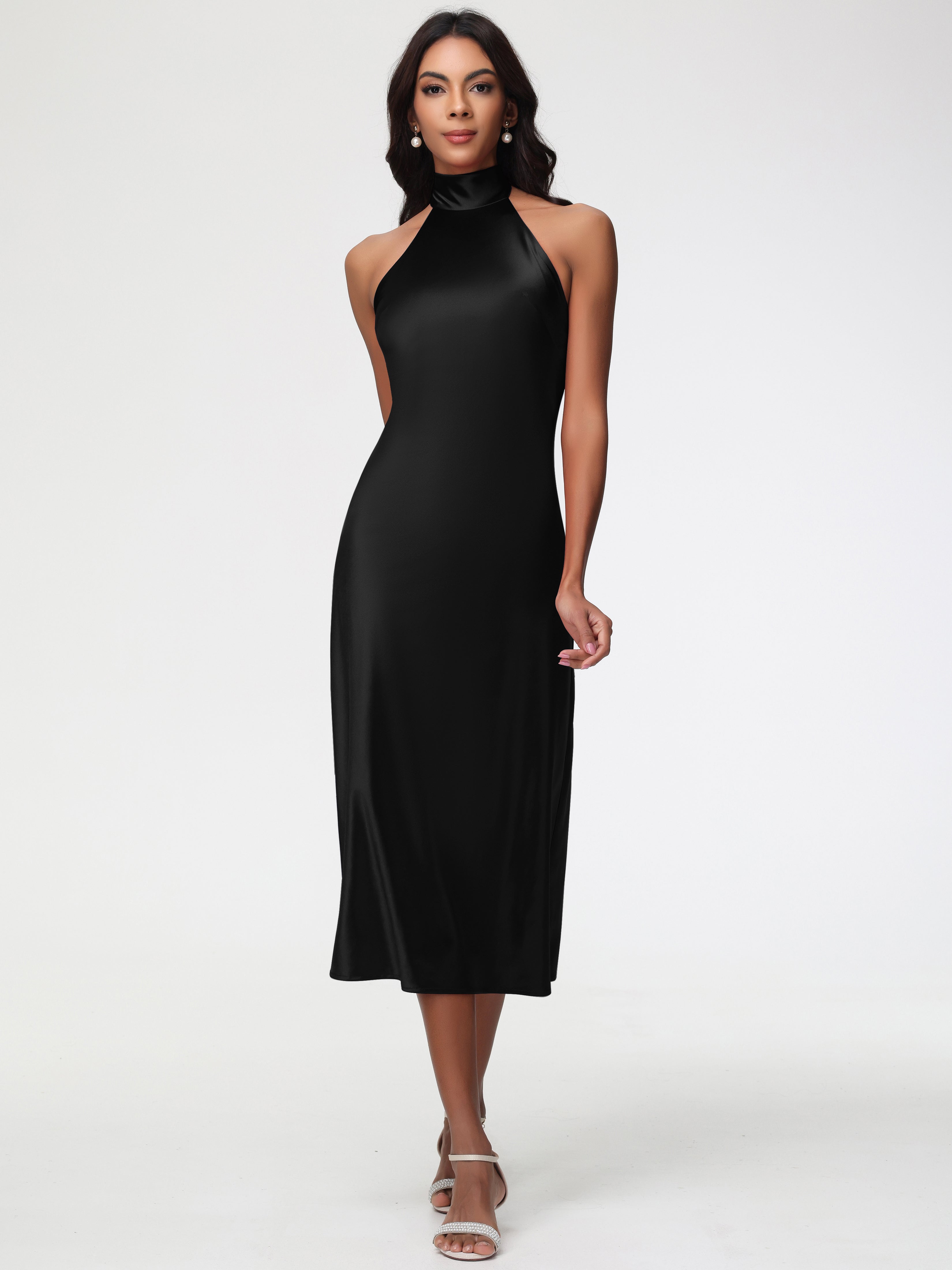 Black Short Formal Dresses Tea-Length High Neck Sleeveless Stretch Sat