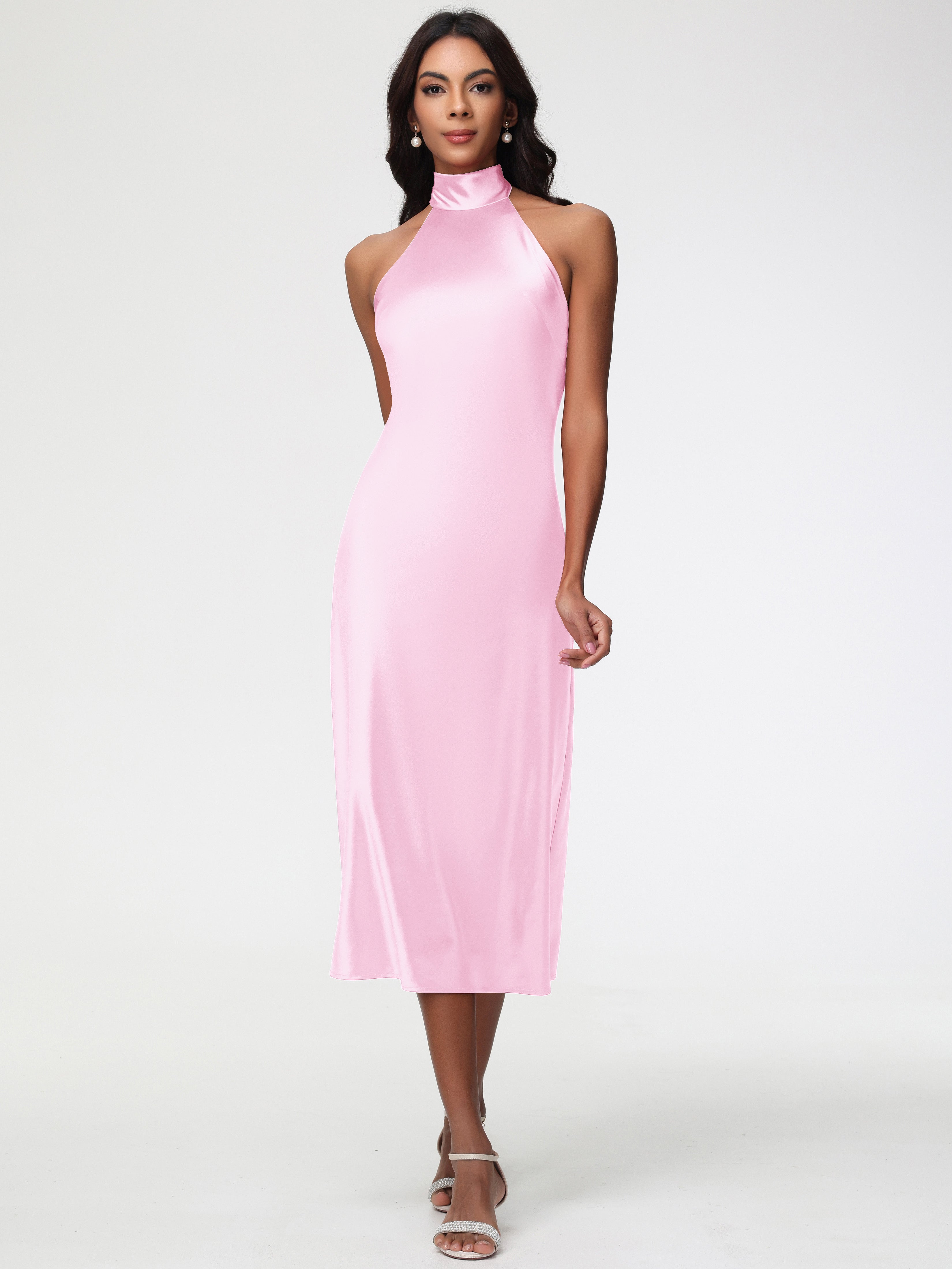 Blush Pink Bridesmaid Dress Tea-Length High Neck Sleeveless Stretch Sa Blush Pink Bridesmaid Dress Tea-Length High Neck Sleeveless Stretch Sa