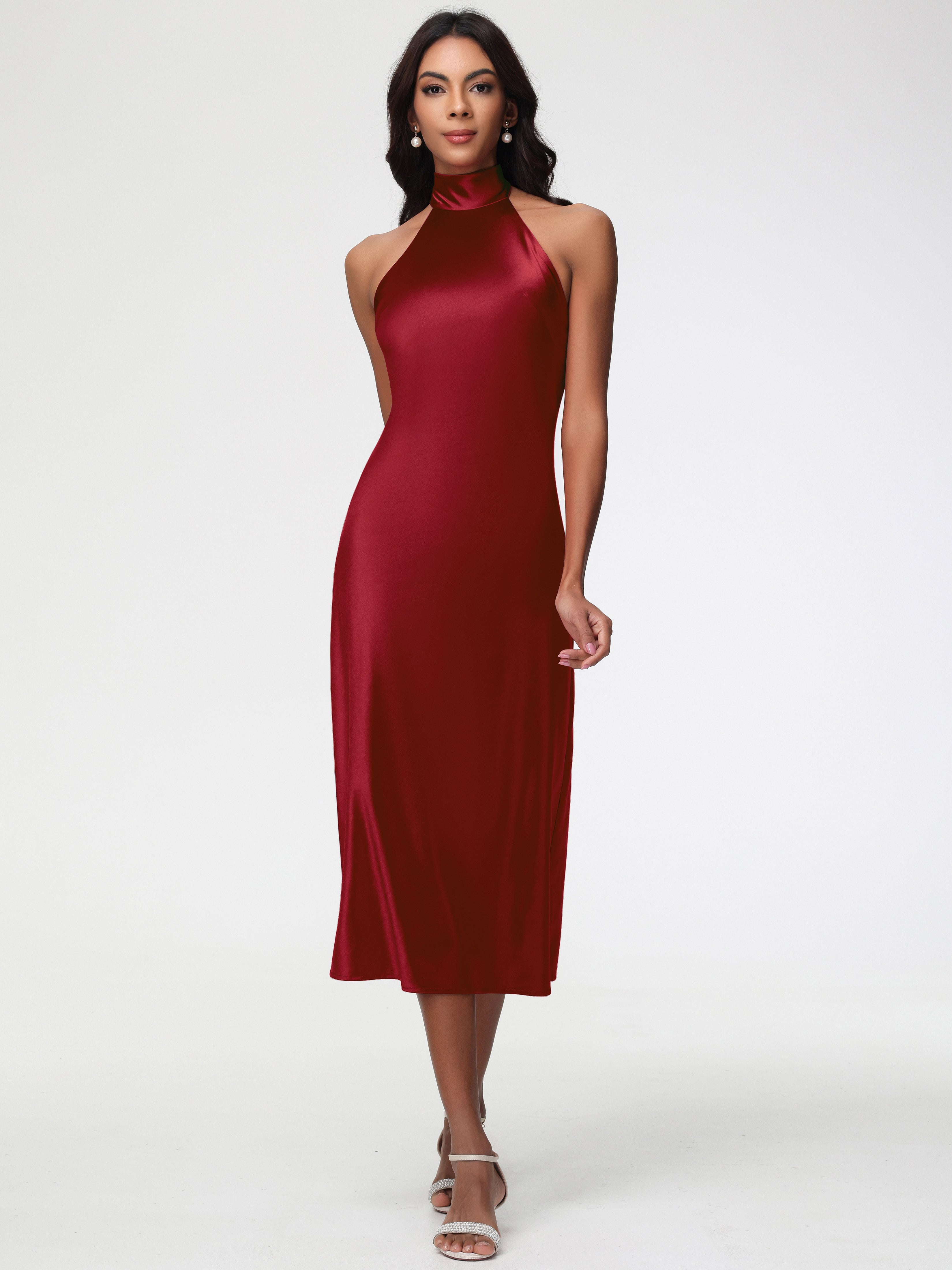Burgundy Bridesmaid Dresses Tea-Length High Neck Sleeveless Stretch Satin Bridesmaid Dresses Burgundy Bridesmaid Dresses Tea-Length High Neck Sleeveless Stretch Satin Bridesmaid Dresses