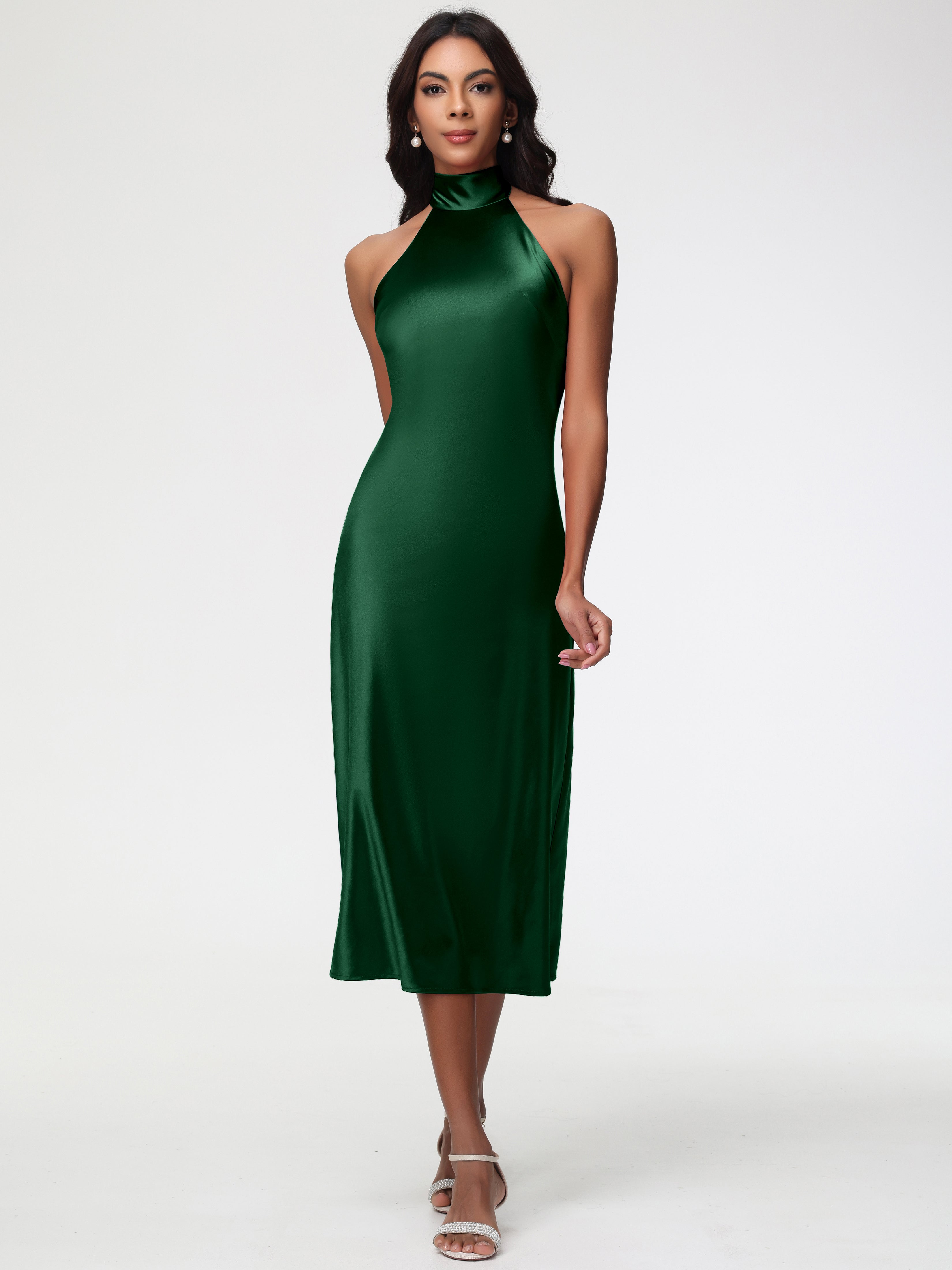 Dark Green Satin Prom Dresses Tea-Length High Neck Sleeveless Stretch Satin Prom Dresses Dark Green Satin Prom Dresses Tea-Length High Neck Sleeveless Stretch Satin Prom Dresses