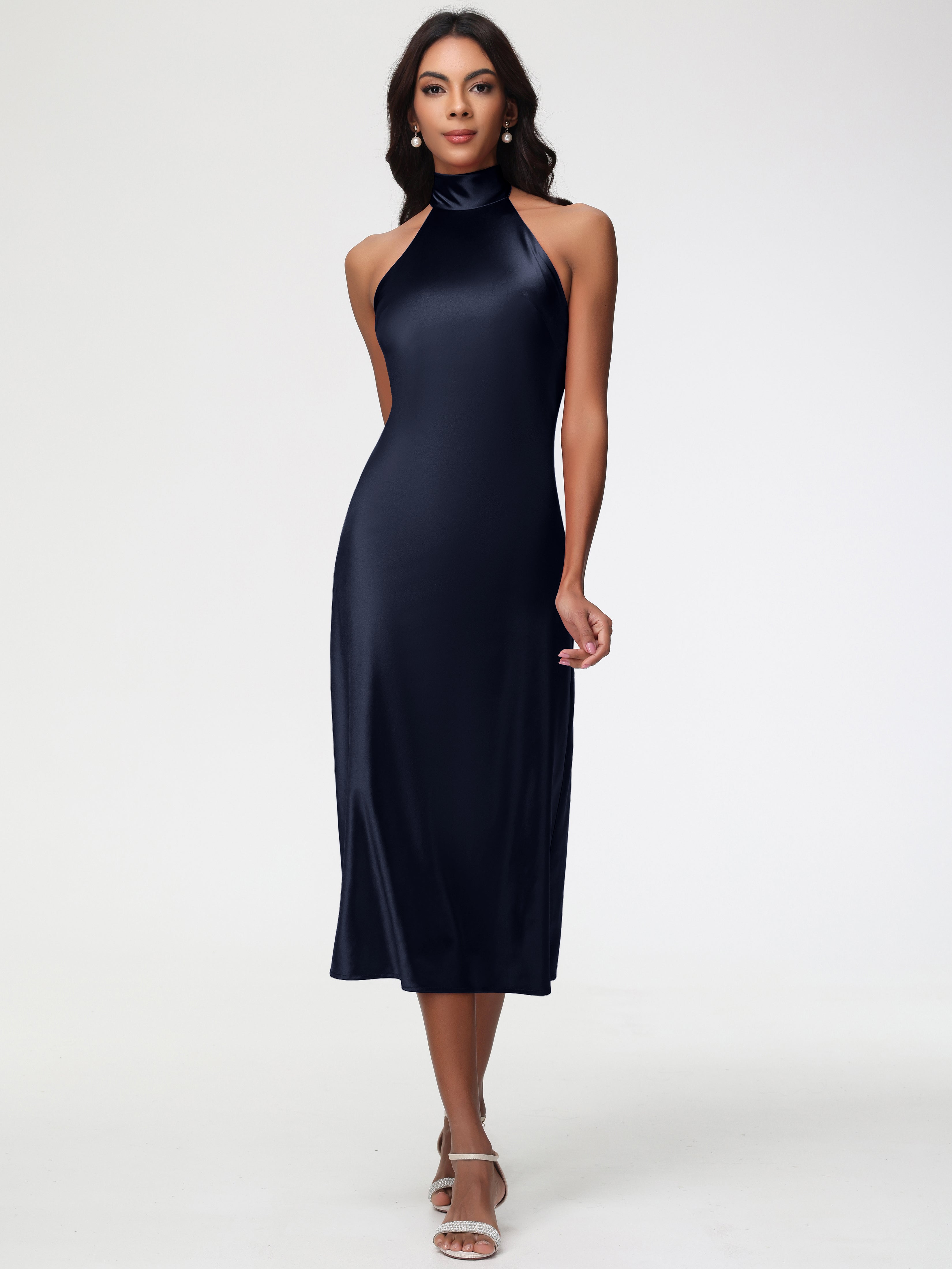 summer semi formal wedding guest dress Navy Short Formal Dresses Tea-Length High Neck Sleeveless Stretch Sati