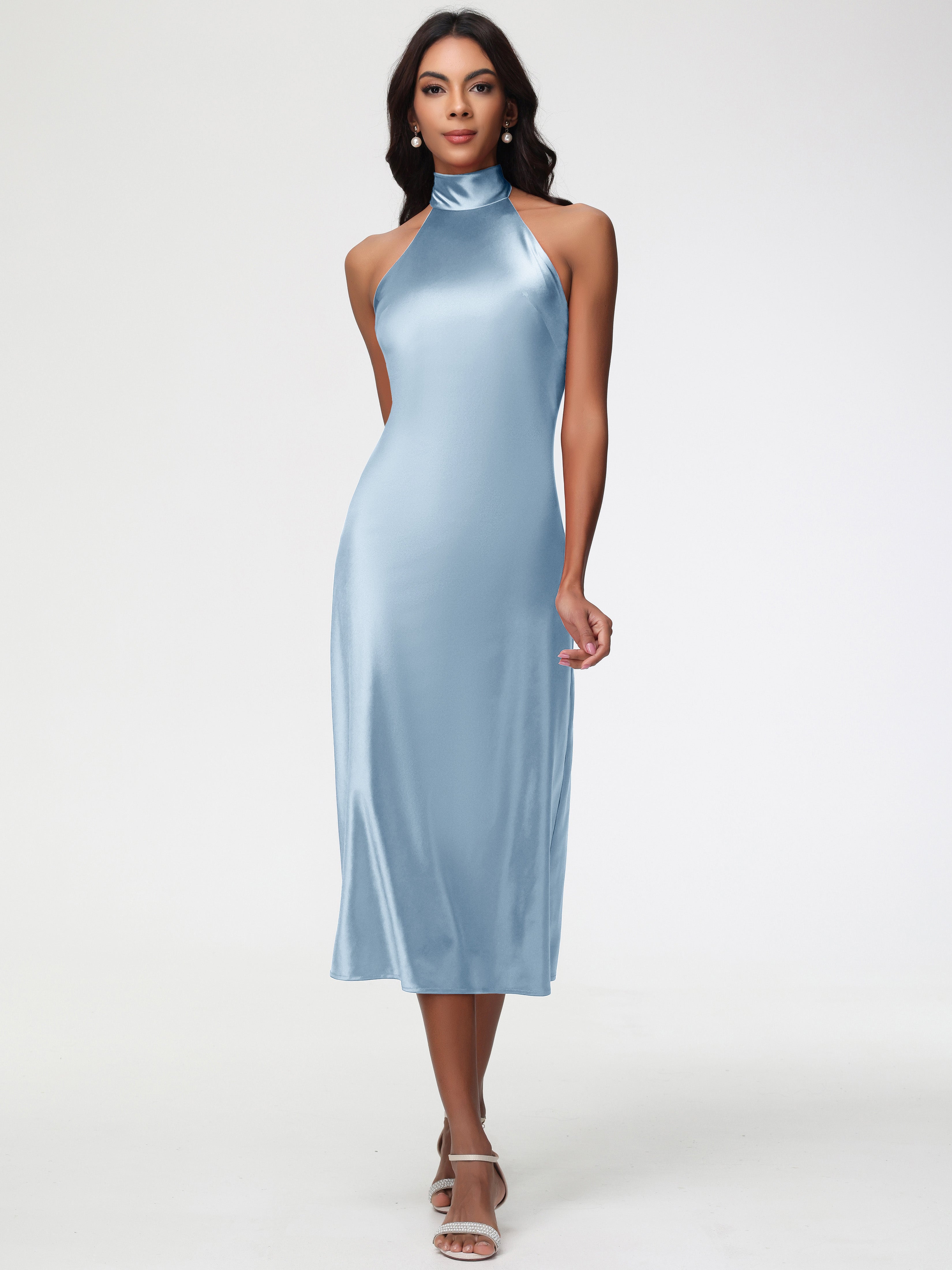 Dusty Blue Bridesmaid Dresses Tea-Length High Neck Sleeveless Stretch Satin Bridesmaid Dresses
