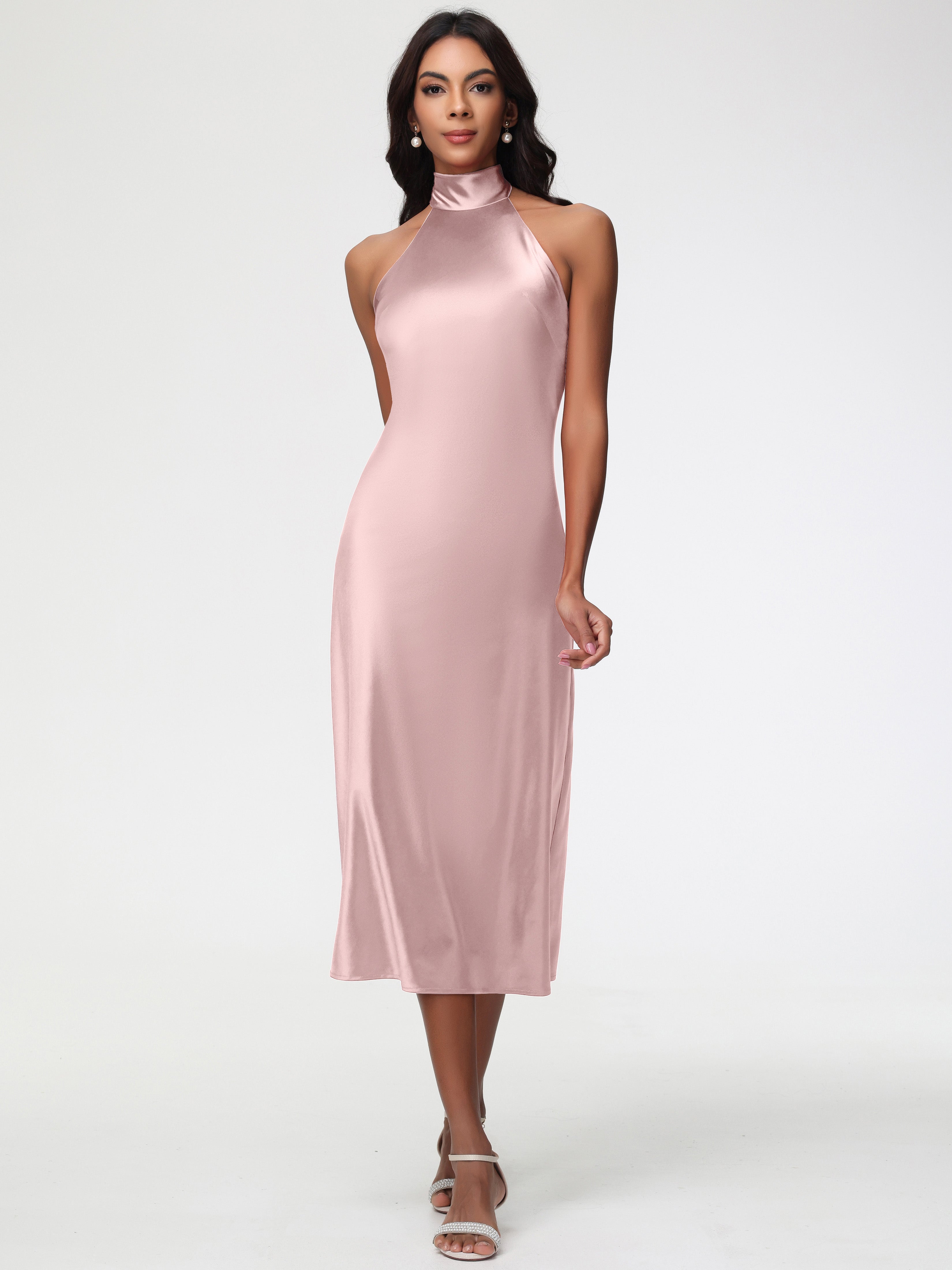 Dusty Rose Formal Dress Tea-Length High Neck Sleeveless Stretch Satin Dusty Rose Formal Dress Tea-Length High Neck Sleeveless Stretch Satin