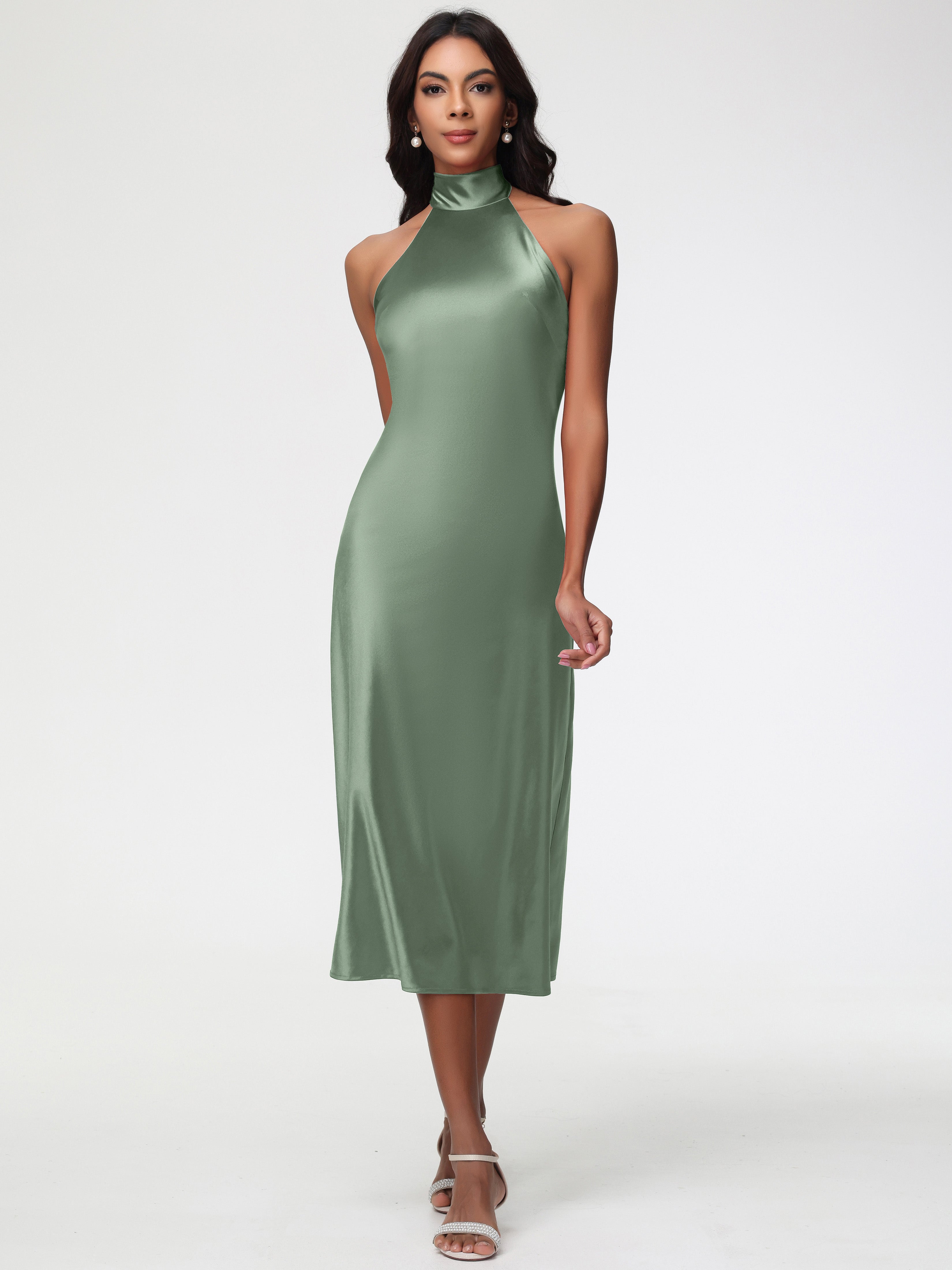 Dusty Sage Green Formal Dresses Tea-Length High Neck Sleeveless Stretch Satin Formal Dresses