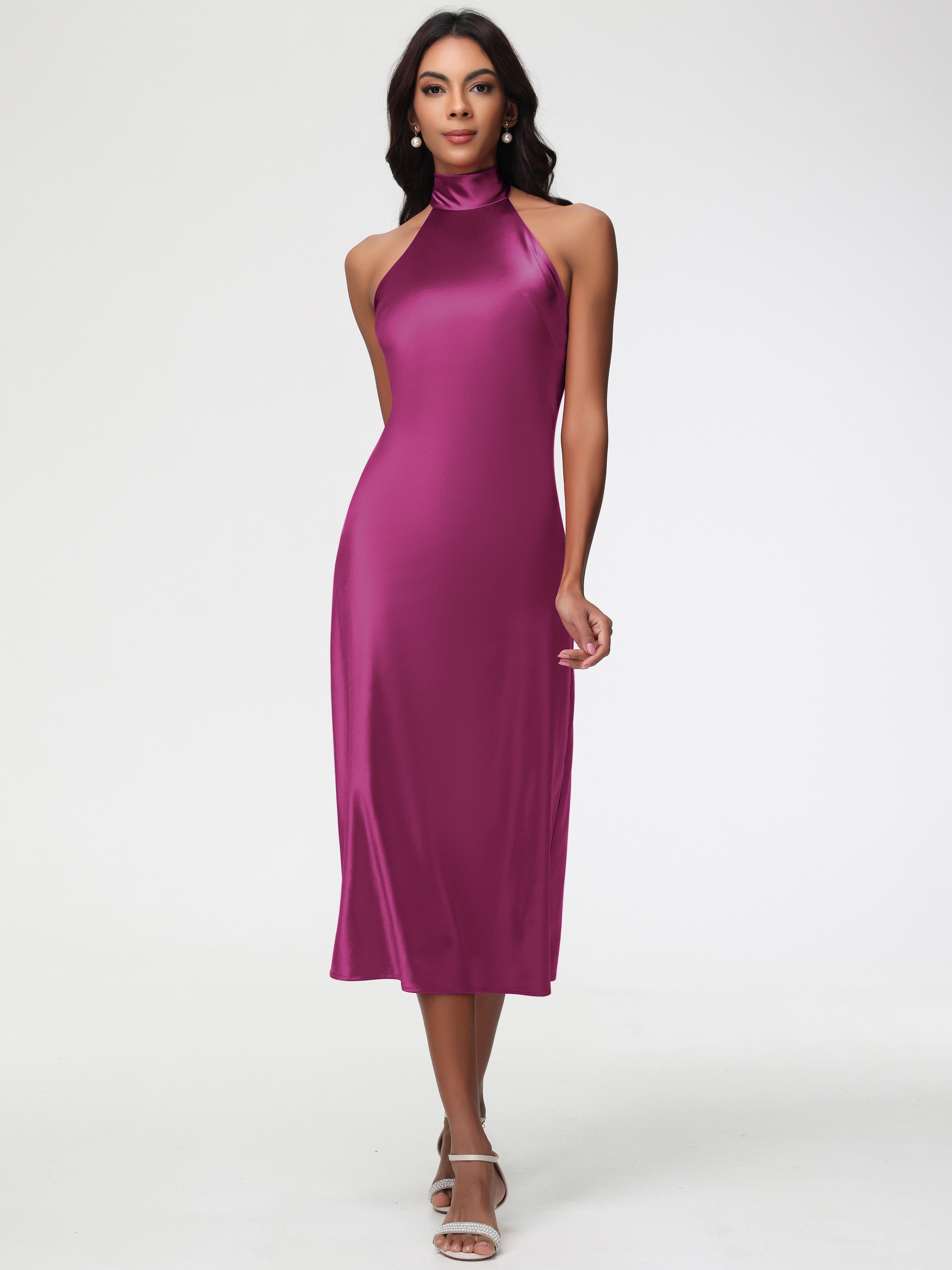 Prom Dresses Fuchsia Tea-Length High Neck Sleeveless Stretch Satin Prom Dresses