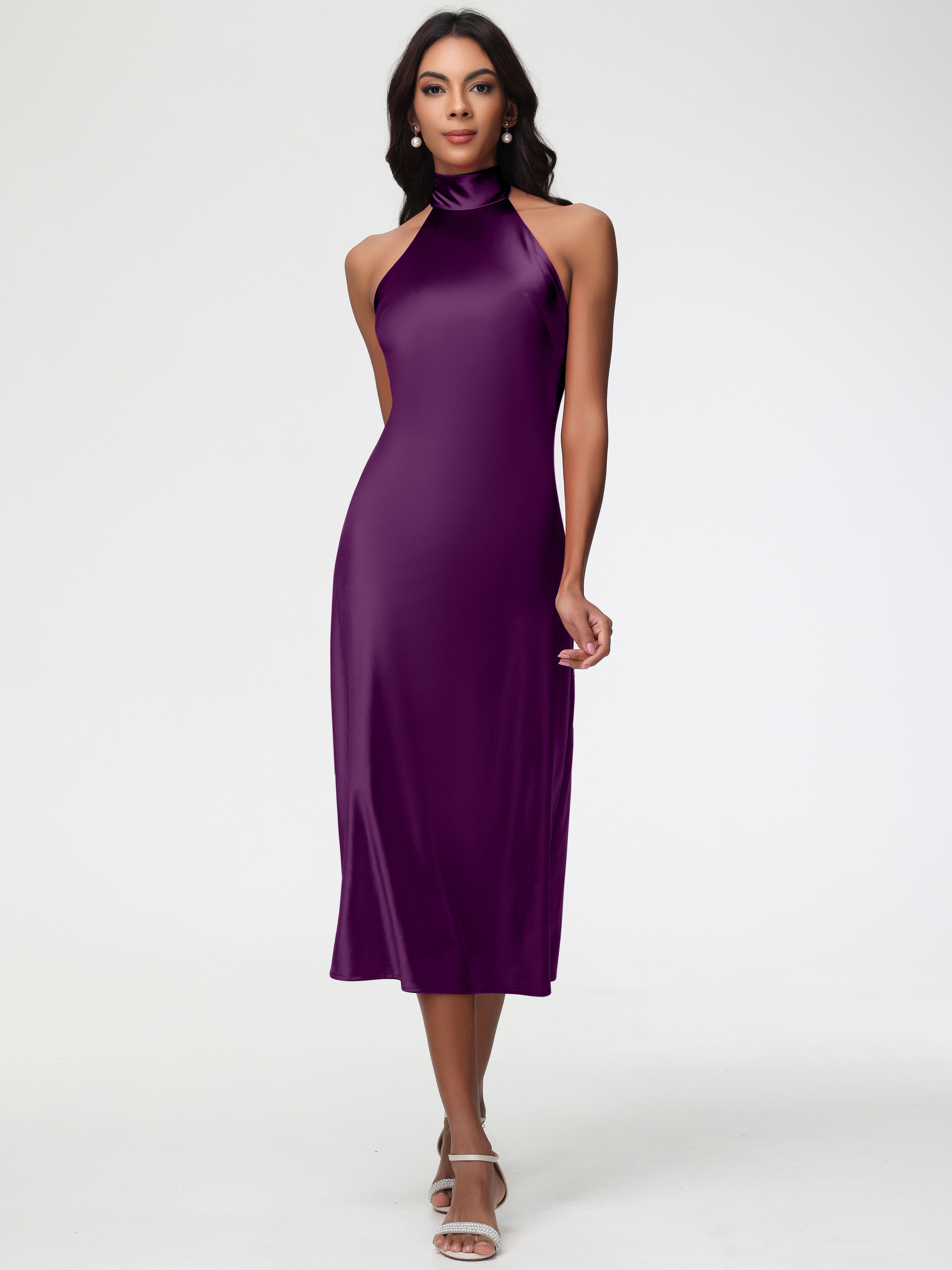Grape Purple Bridesmaid Dresses Tea-Length High Neck Sleeveless Stretch Satin Bridesmaid Dresses Grape Purple Bridesmaid Dresses Tea-Length High Neck Sleeveless Stretch Satin Bridesmaid Dresses