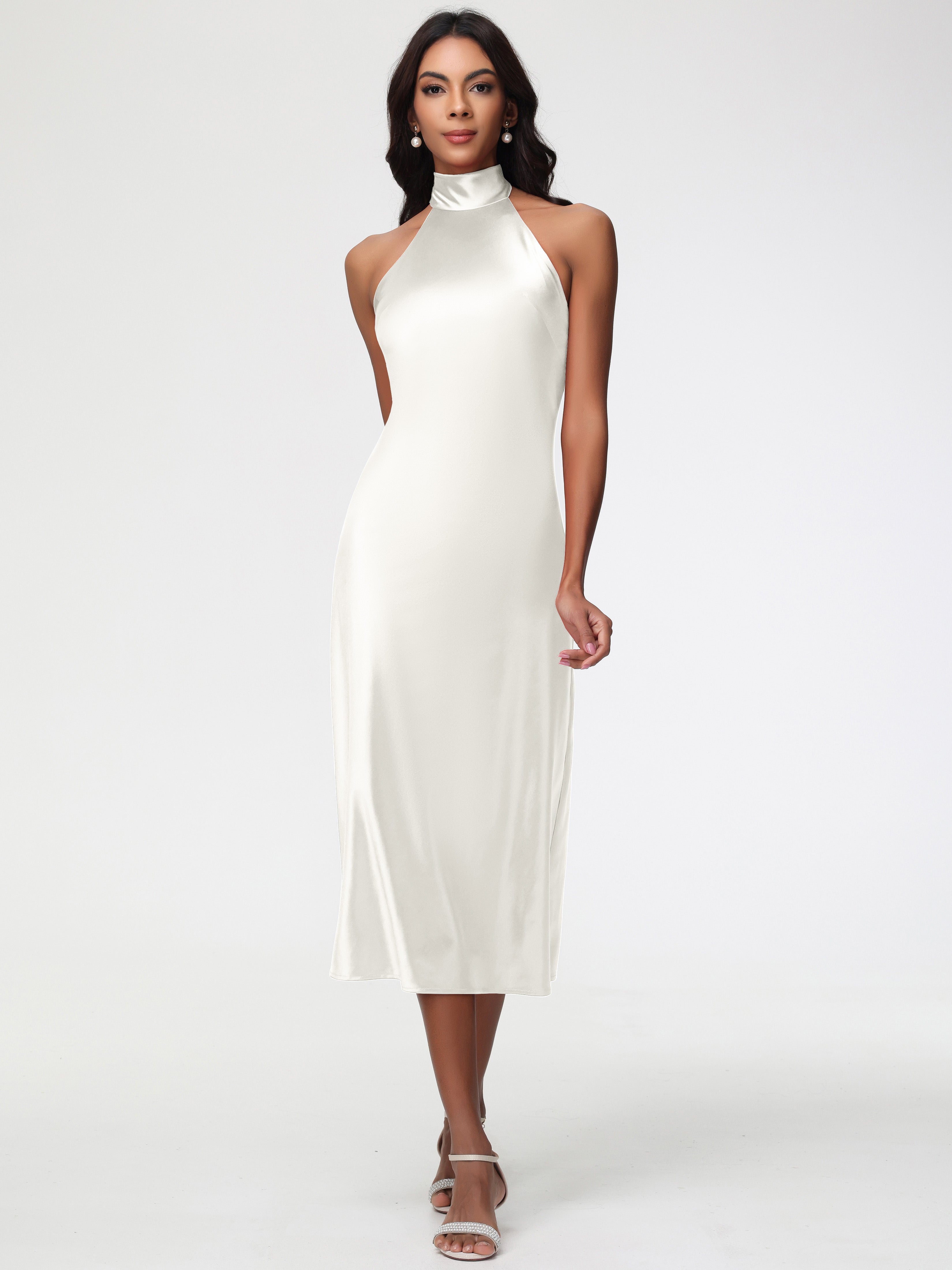 Ivory Bridesmaid Dresses Tea-Length High Neck Sleeveless Stretch Satin Ivory Bridesmaid Dresses Tea-Length High Neck Sleeveless Stretch Satin