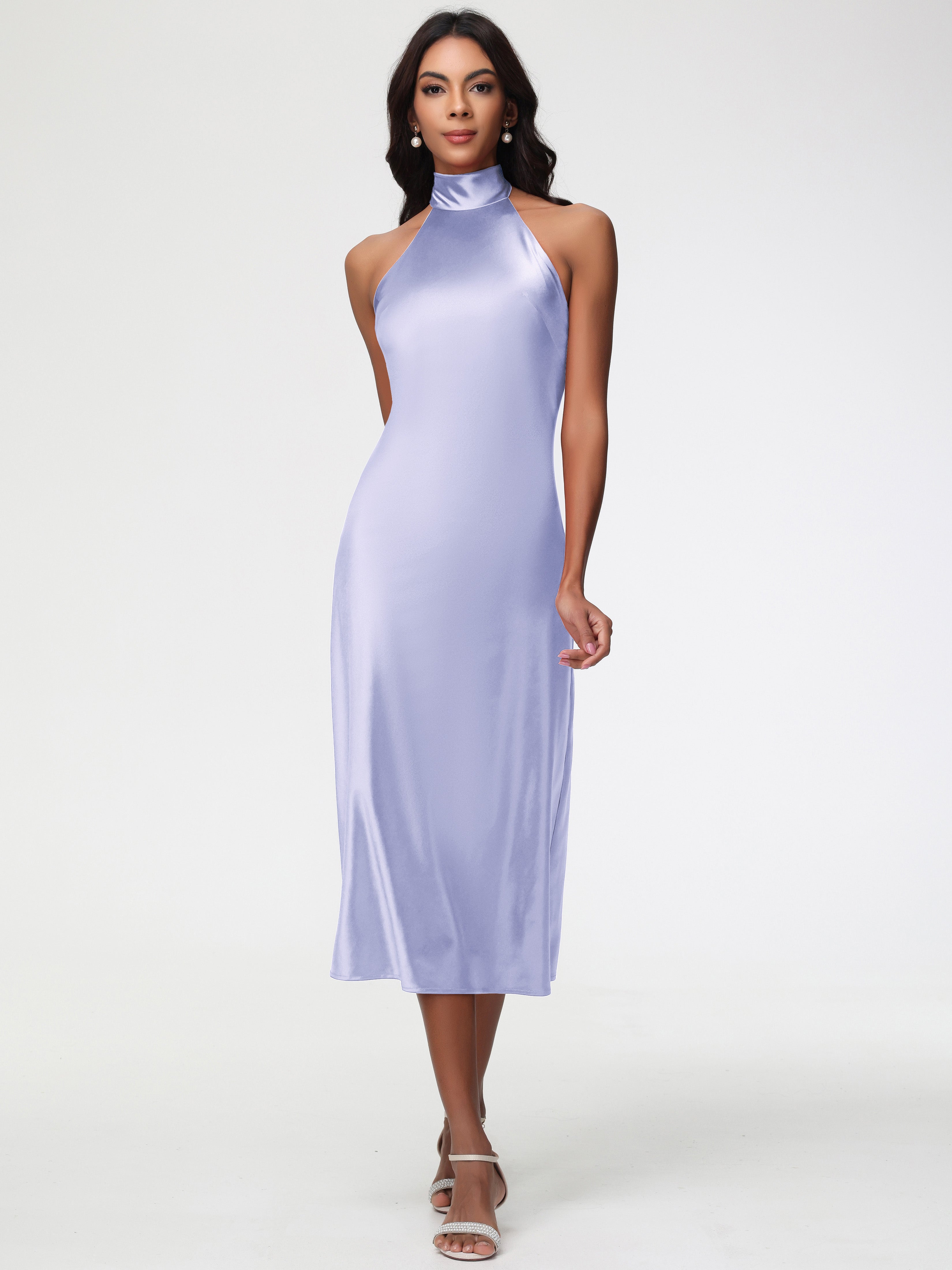Lavender Formal Dresses Tea-Length High Neck Sleeveless Stretch Satin Formal Dresses
