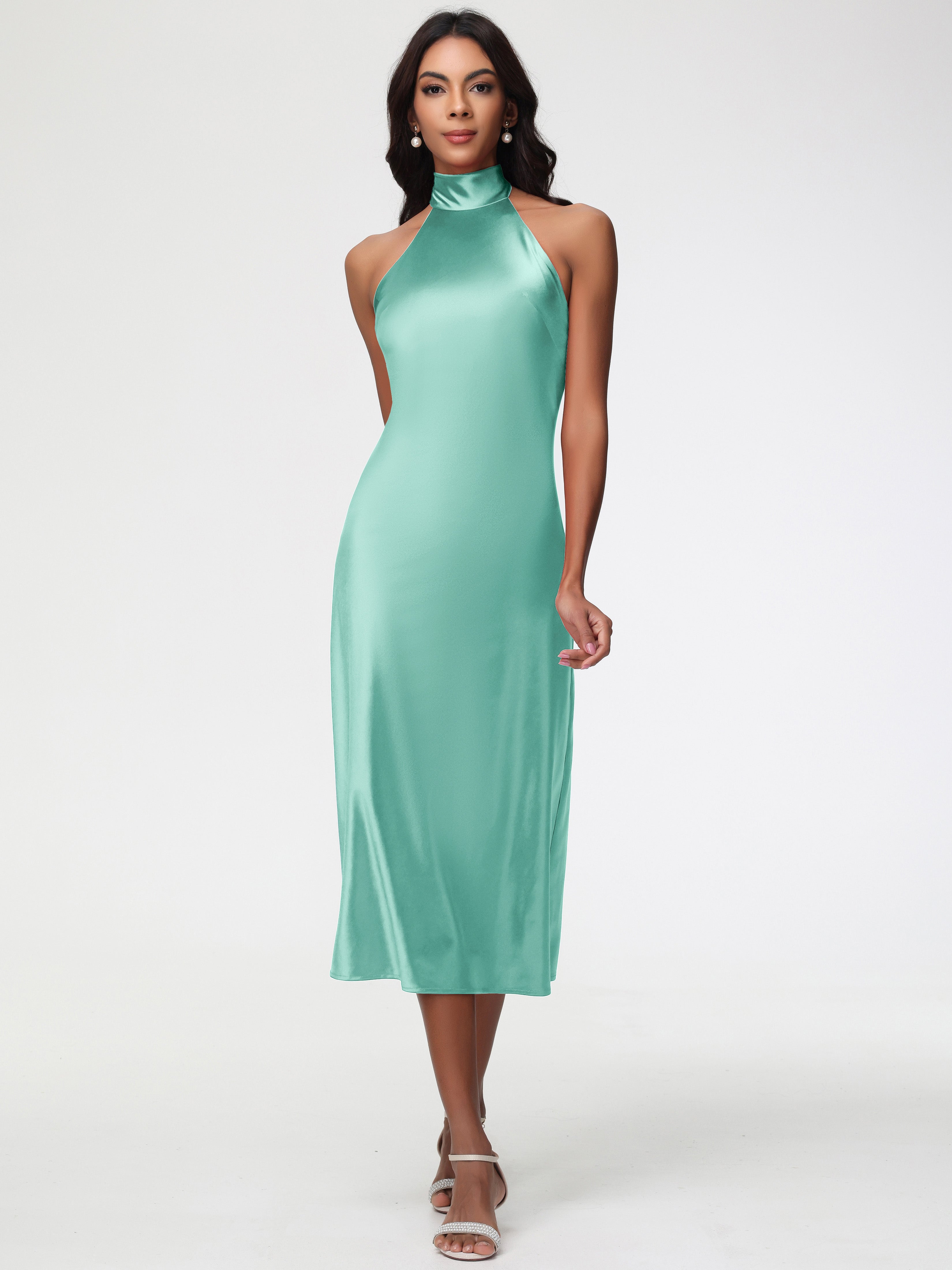 Mint Green Formal Dresses Tea-Length High Neck Sleeveless Stretch Sati Mint Green Formal Dresses Tea-Length High Neck Sleeveless Stretch Sati