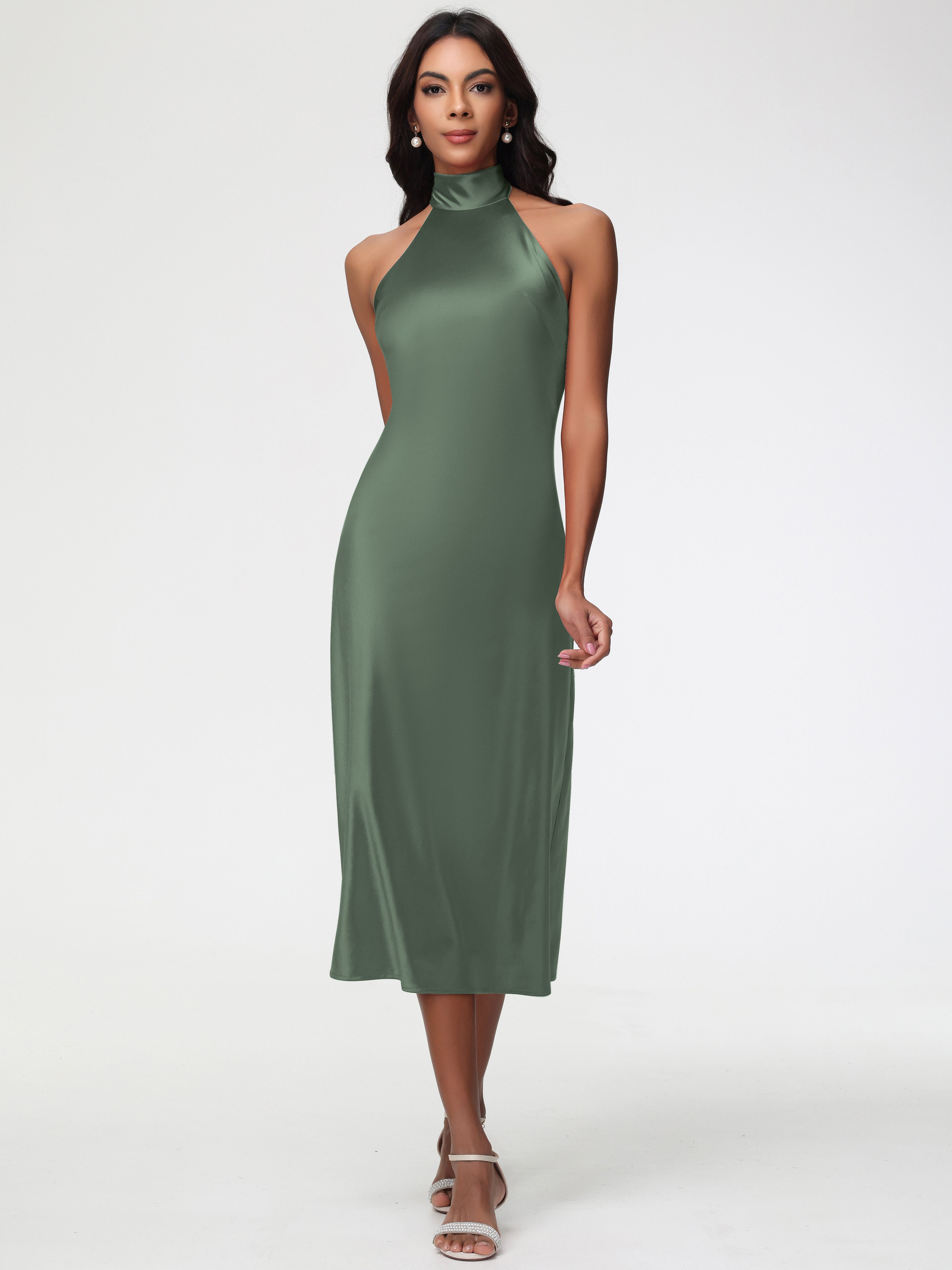 Olive Green Prom Dress Tea-Length High Neck Sleeveless Stretch Satin P Olive Green Prom Dress Tea-Length High Neck Sleeveless Stretch Satin P