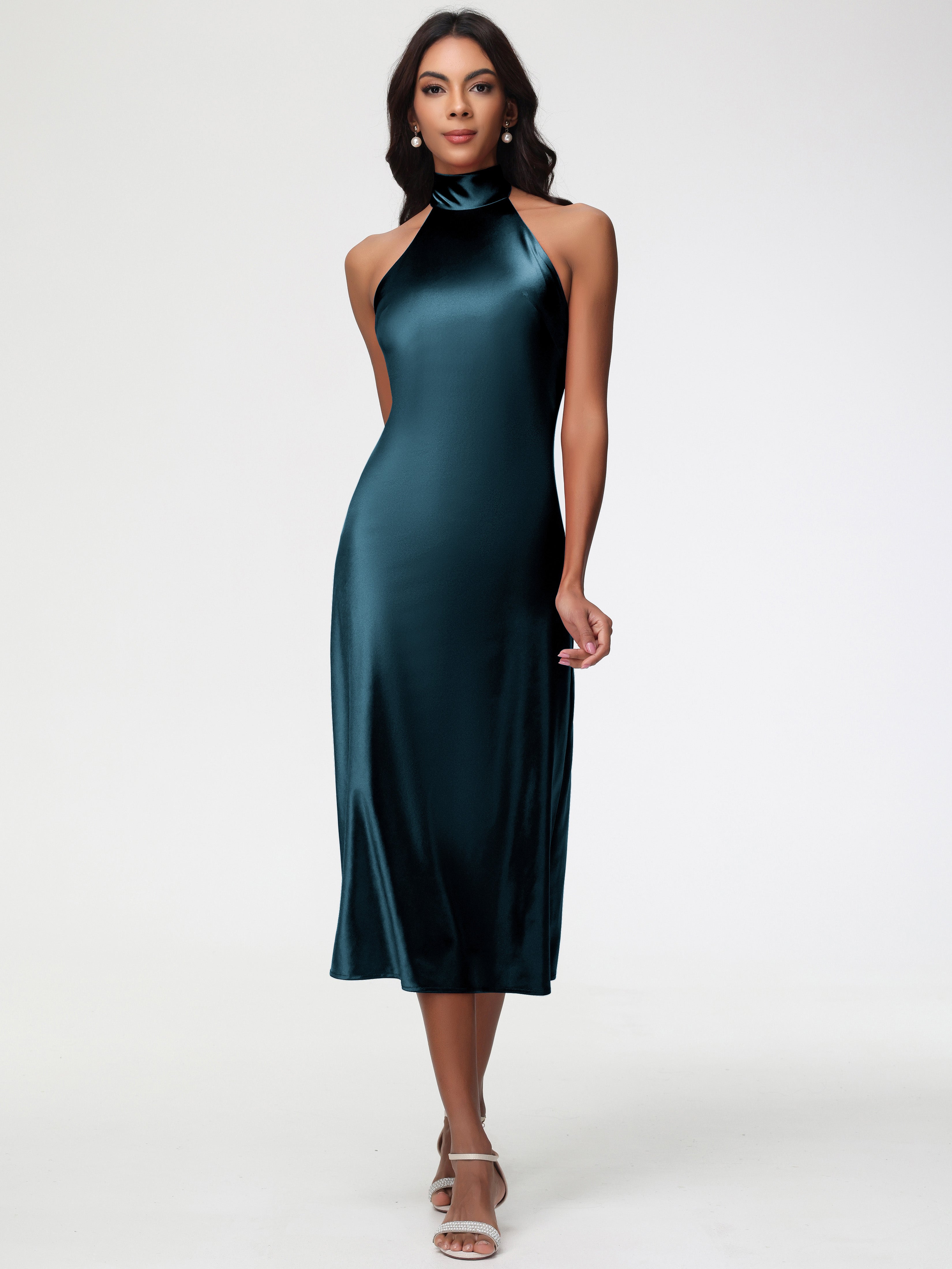 Peacock Green Bridesmaid Dresses Tea-Length High Neck Sleeveless Stretch Satin Bridesmaid Dresses Peacock Green Bridesmaid Dresses Tea-Length High Neck Sleeveless Stretch Satin Bridesmaid Dresses